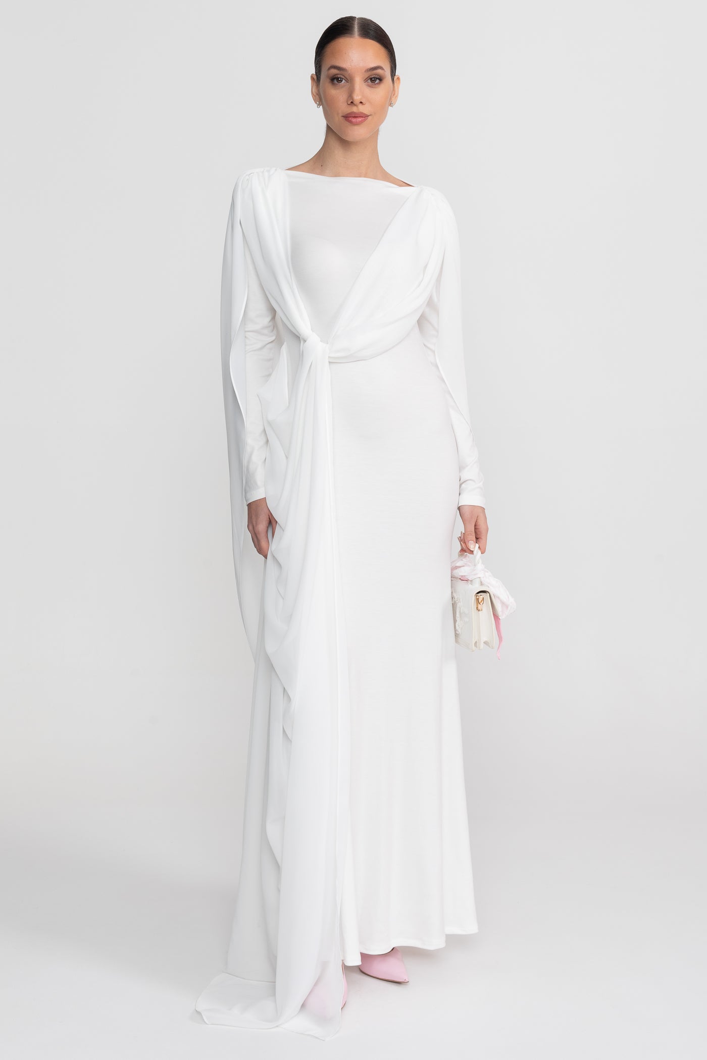 Draped Long Sleeve Maxi Dress With Cape Overlay With Knot Front Detail - White