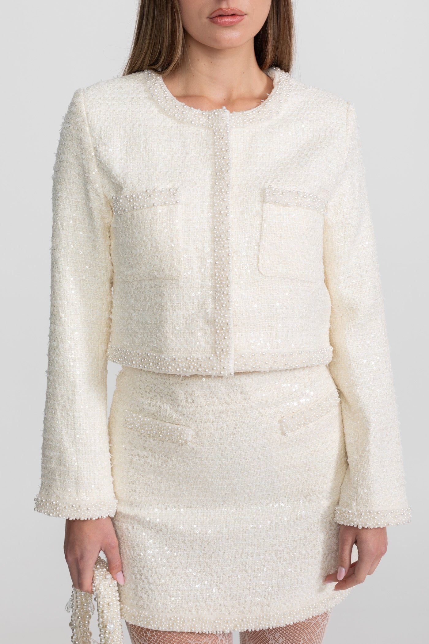 Tweed Blazer With Beaded Trim - Ivoire