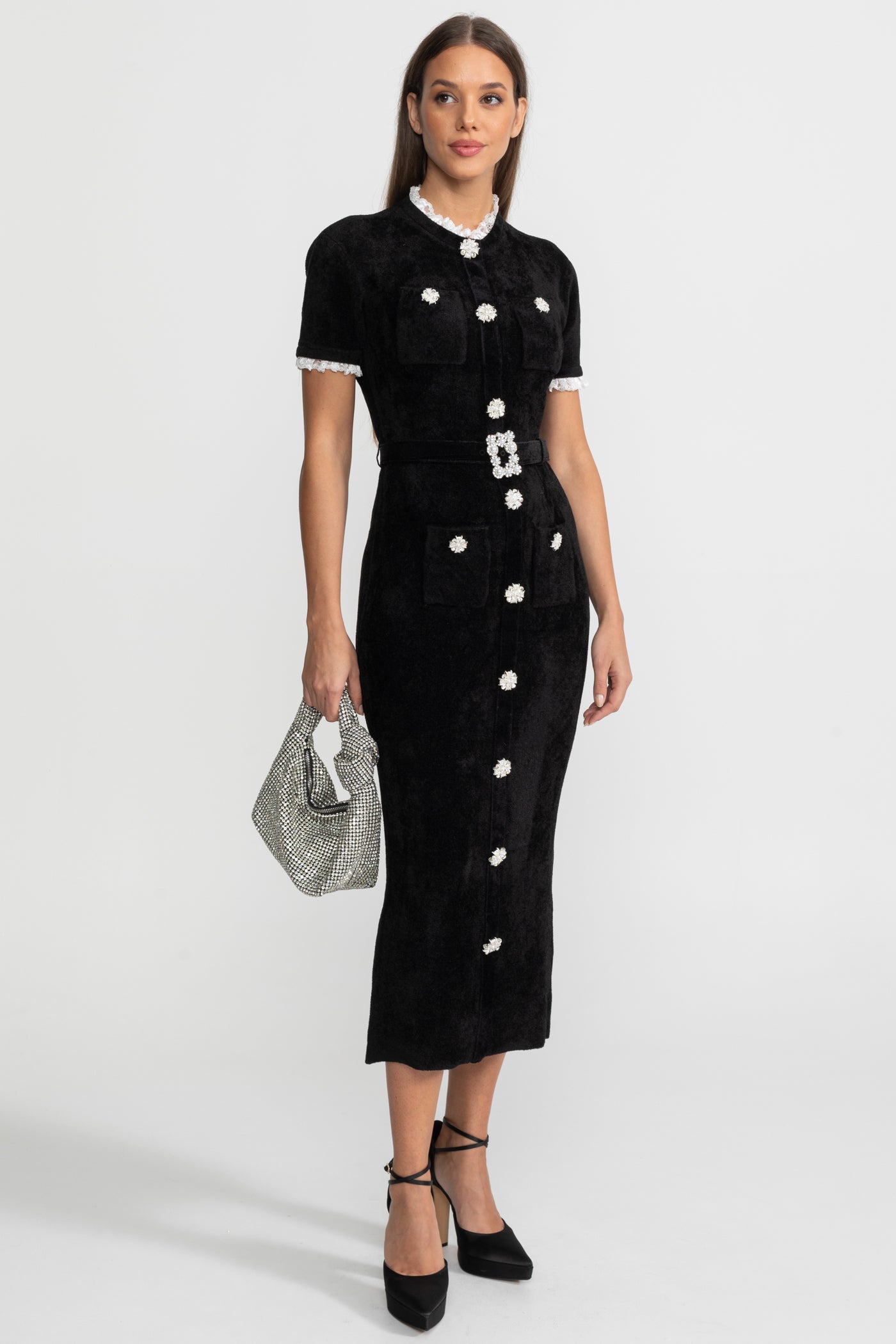 Elegant Midi Dress With Crystal Buttons and Lace Trim – Black