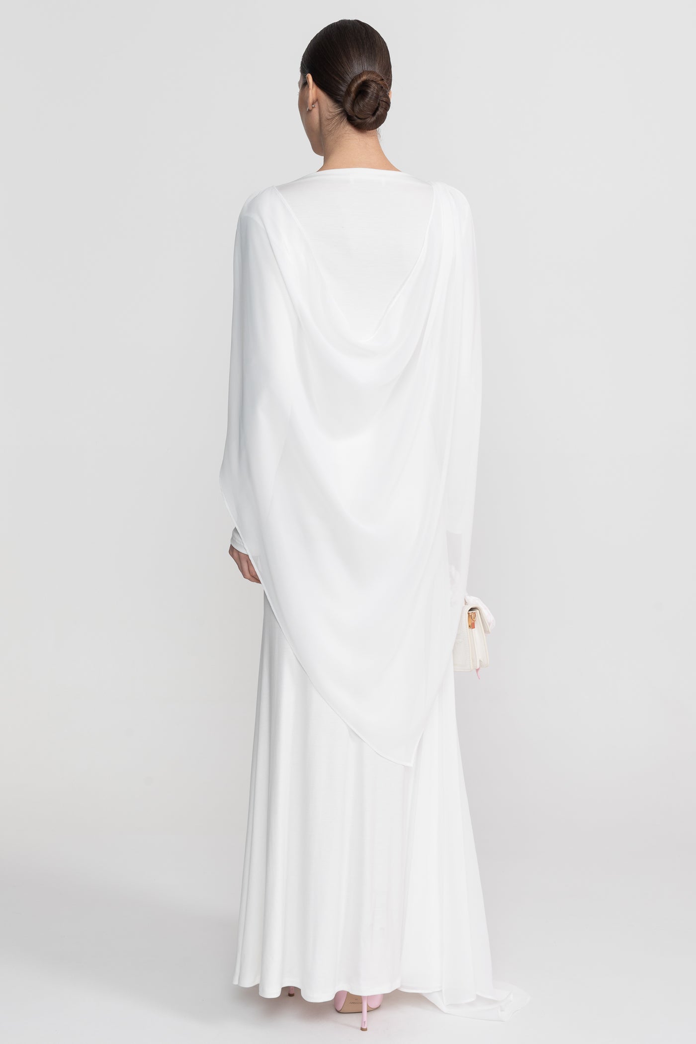 Draped Long Sleeve Maxi Dress With Cape Overlay With Knot Front Detail - White