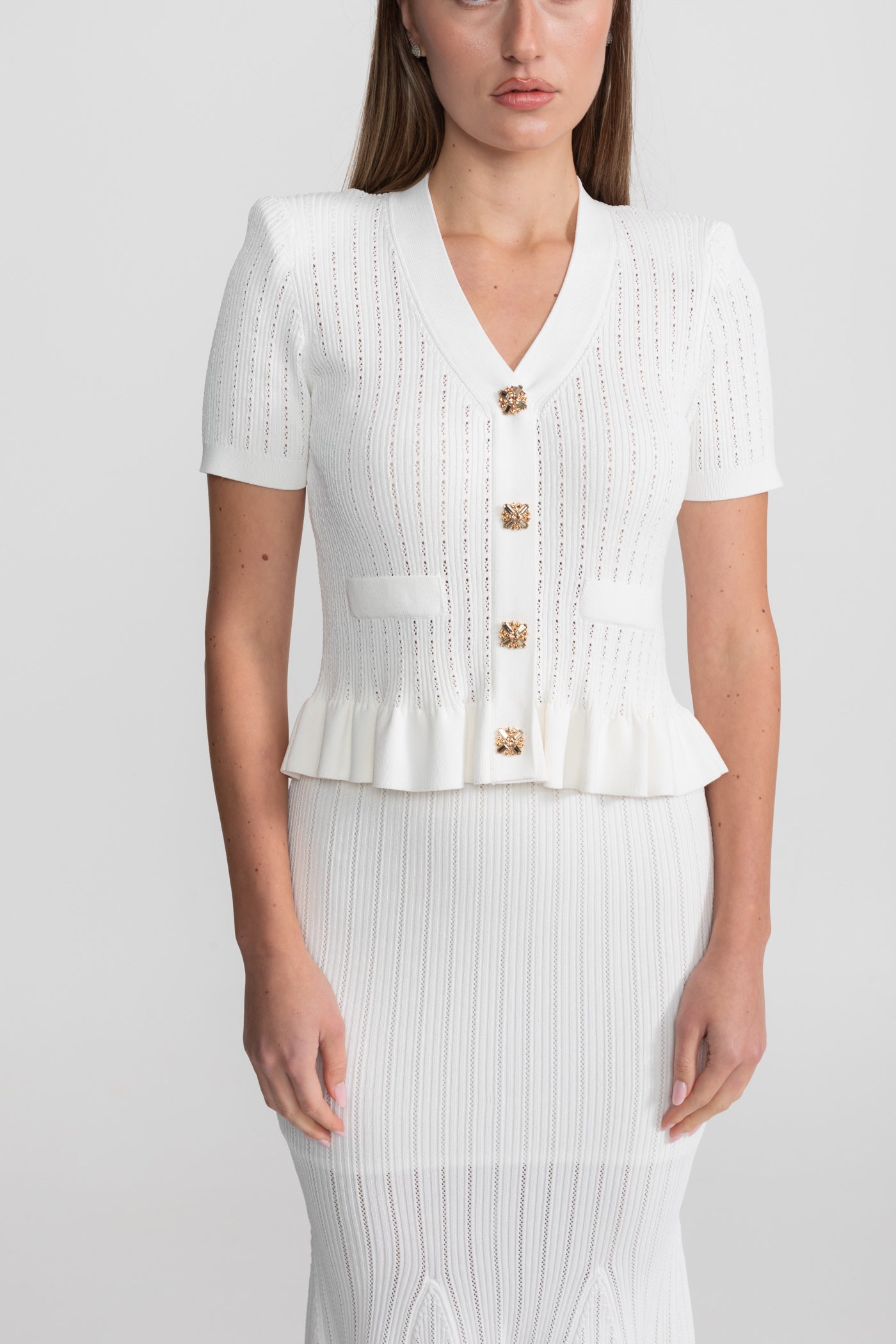 Knit Midi Dress with Peplum Waist and Gold Buttons  – White