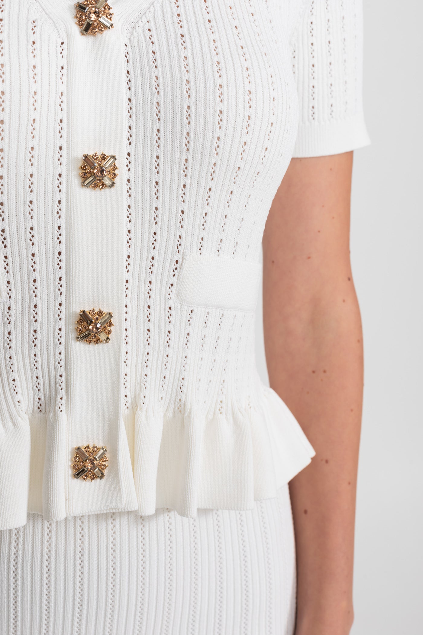 Knit Midi Dress with Peplum Waist and Gold Buttons  – White