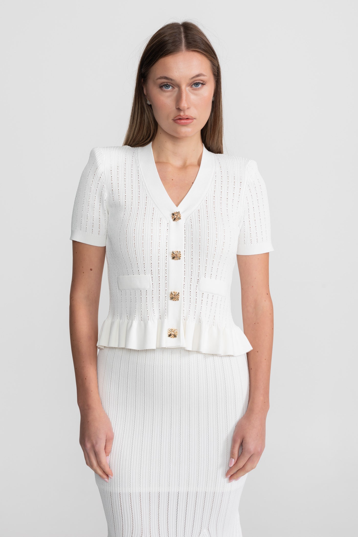 Knit Midi Dress with Peplum Waist and Gold Buttons  – White