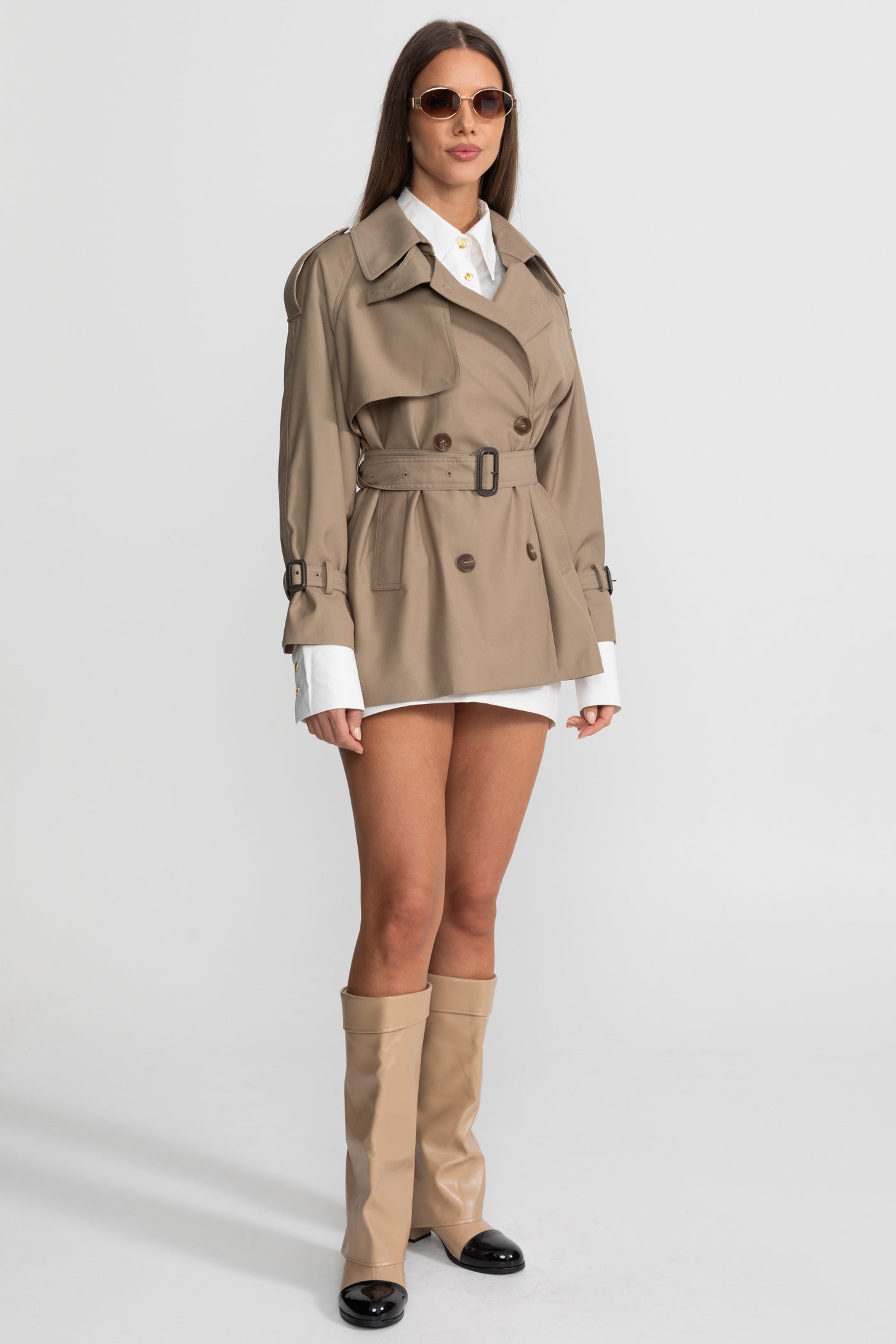Classic Double-Breasted Trench Coat With Belted Waist – Khaki