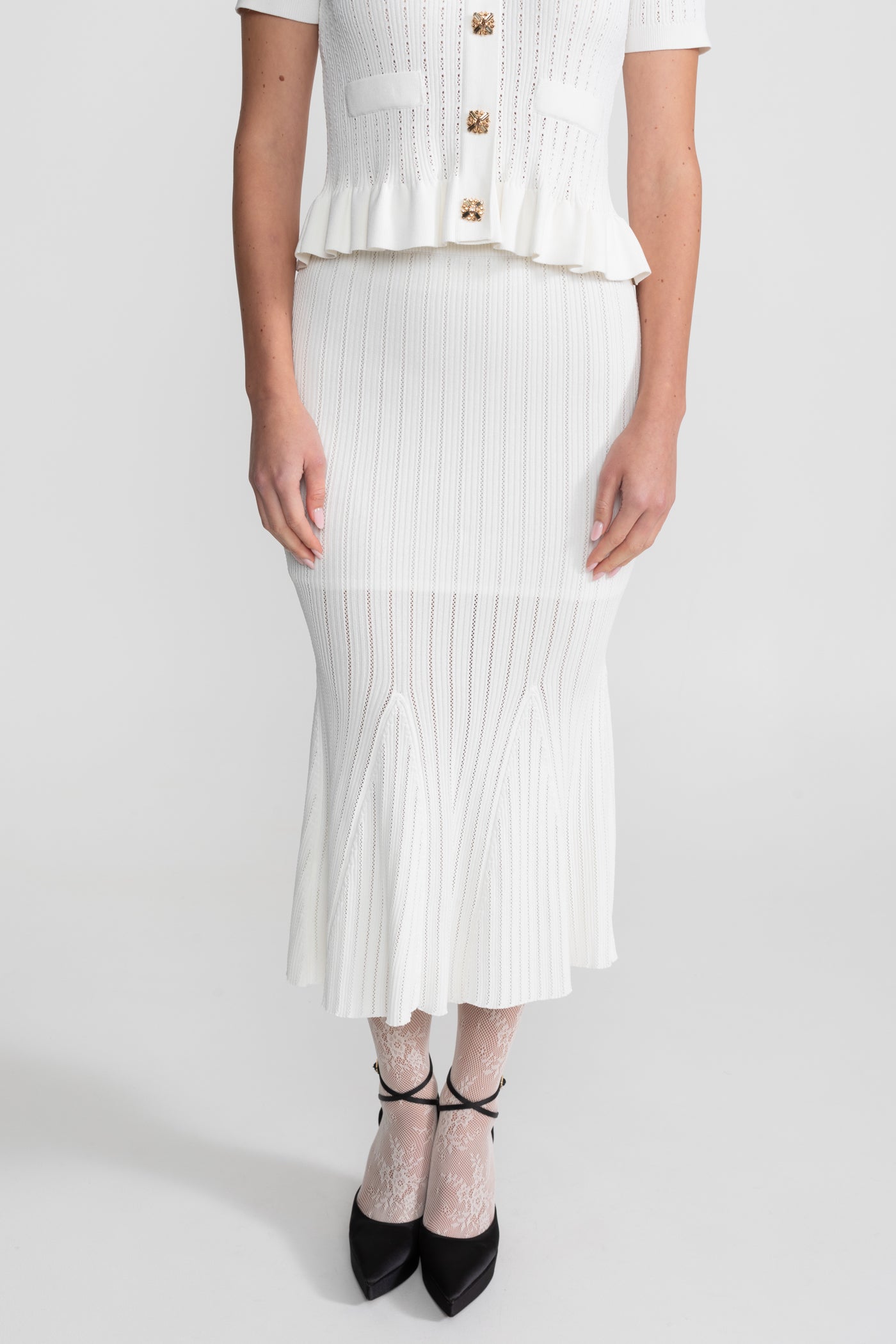 Knit Midi Dress with Peplum Waist and Gold Buttons  – White