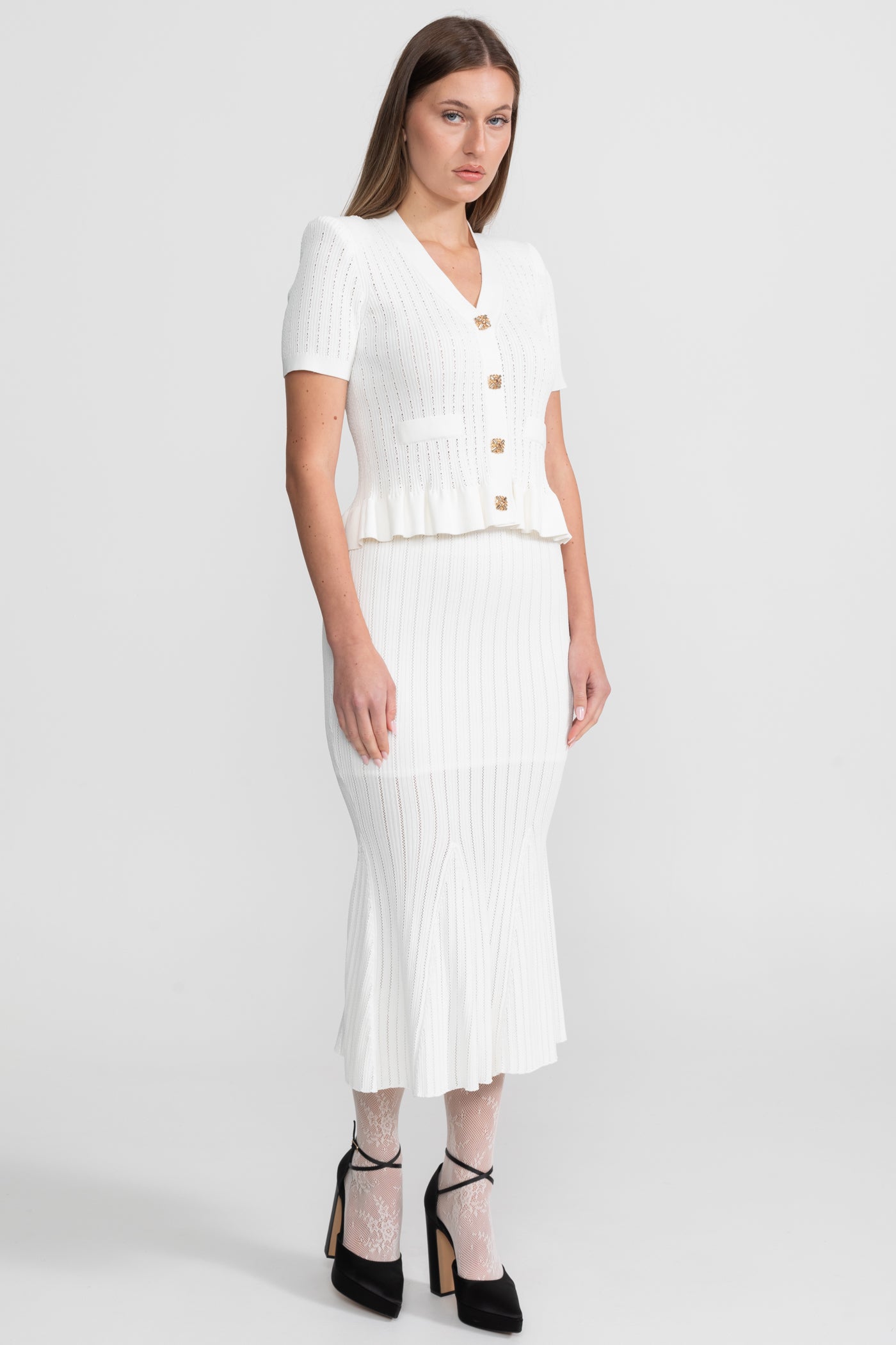 Knit Midi Dress with Peplum Waist and Gold Buttons  – White