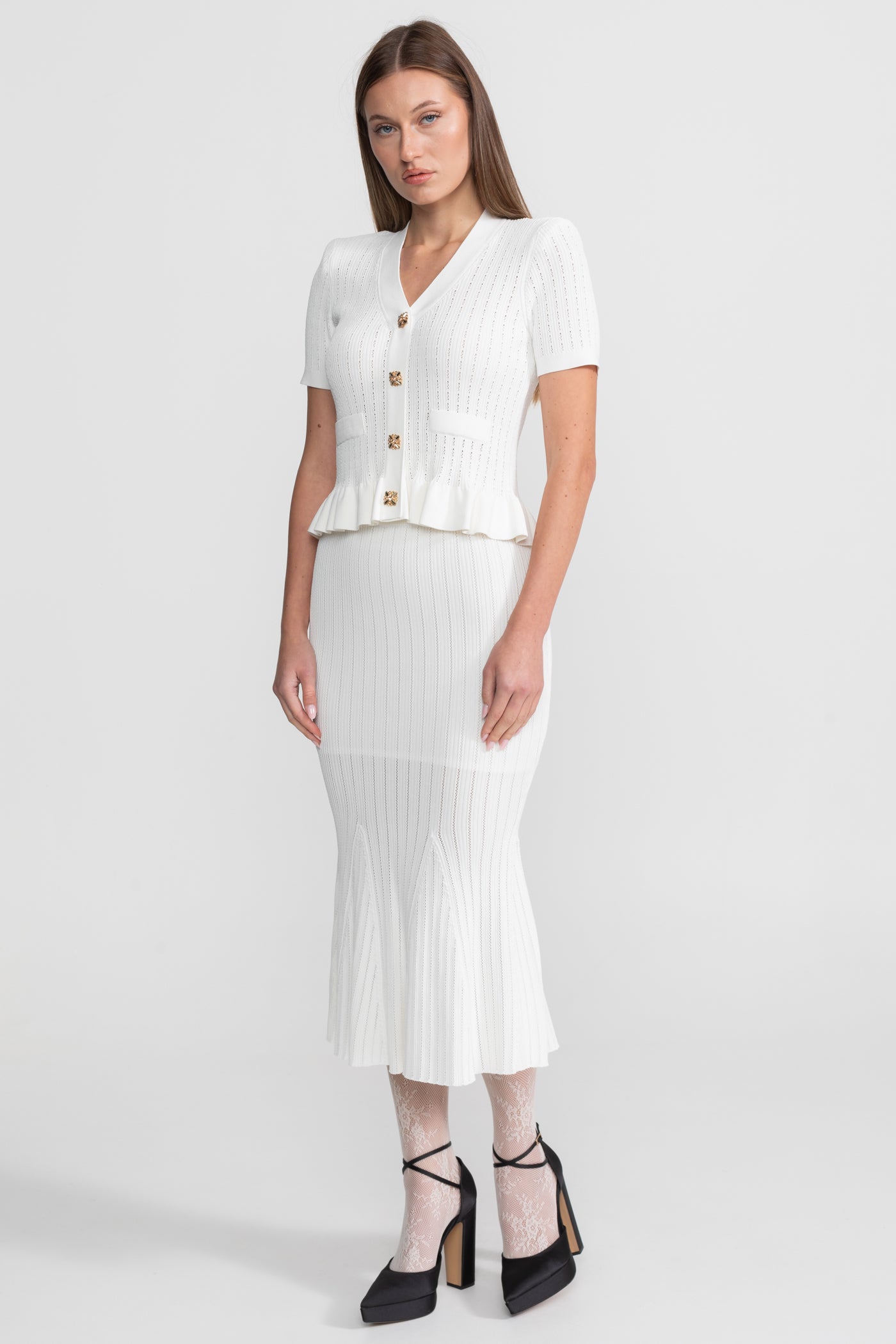 Knit Midi Dress with Peplum Waist and Gold Buttons  – White