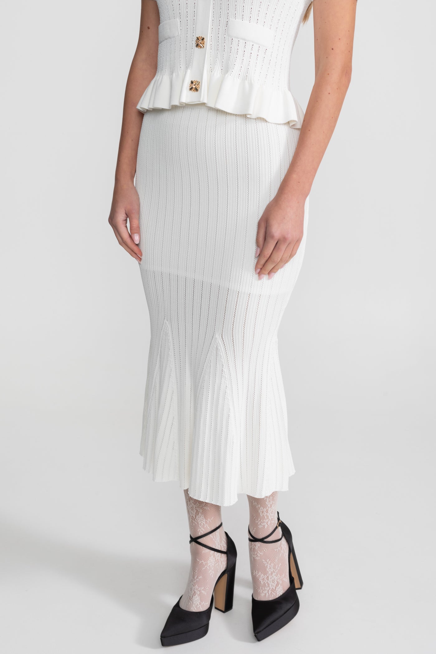 Knit Midi Dress with Peplum Waist and Gold Buttons  – White