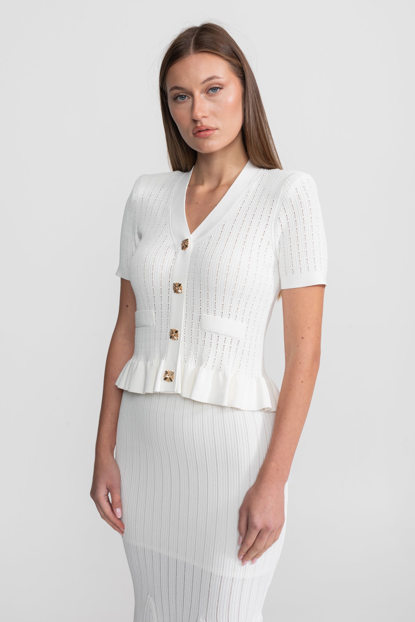 Knit Midi Dress with Peplum Waist and Gold Buttons  – White