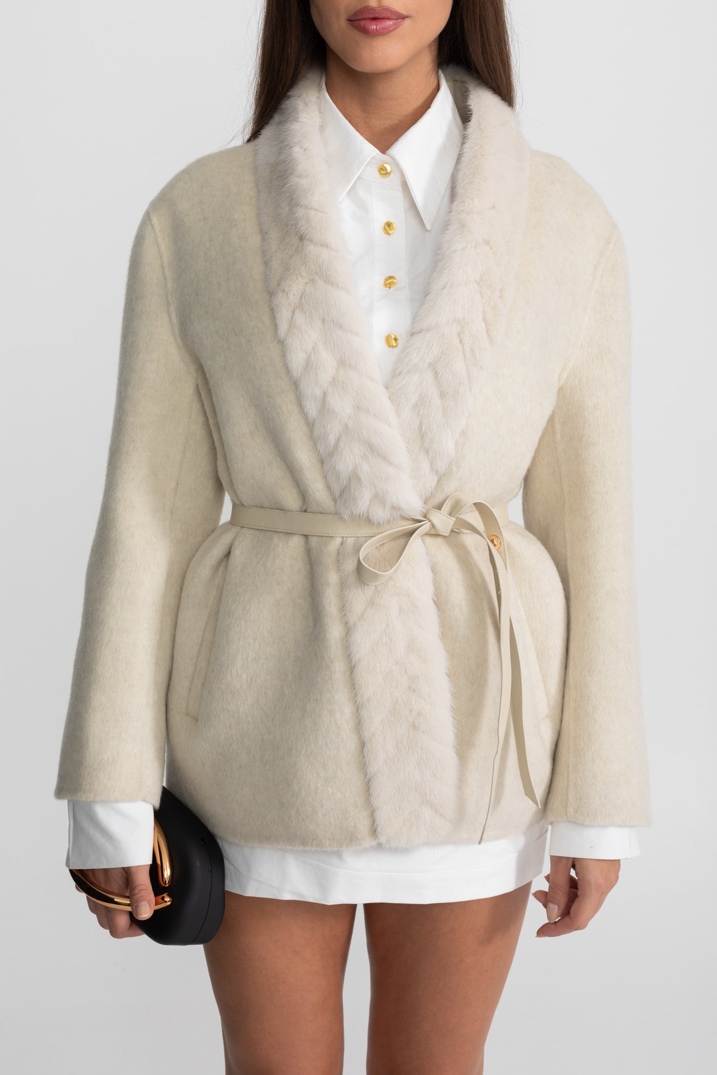 Luxurious Wool Trim Jacket With Belted Waist and Sable Fur – Ivoire