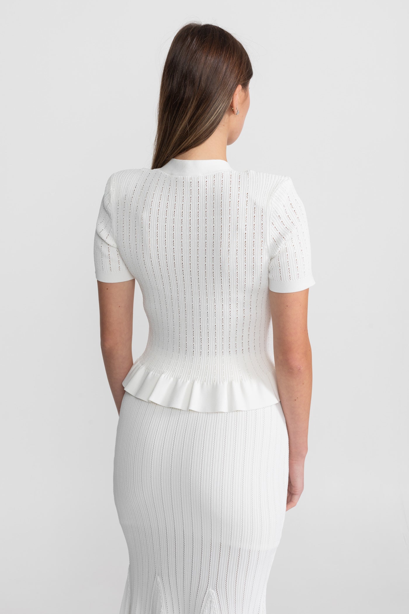Knit Midi Dress with Peplum Waist and Gold Buttons  – White