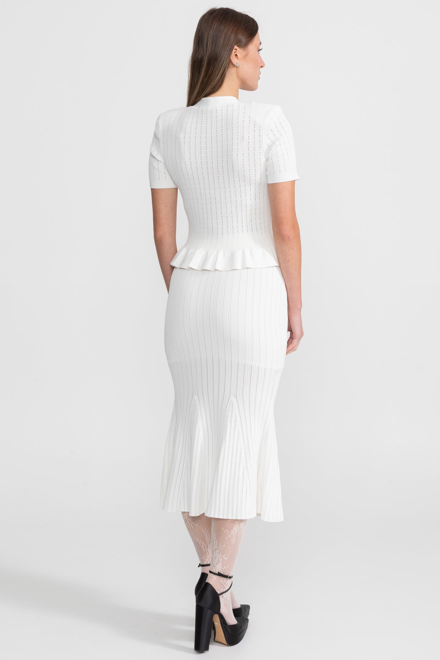 Knit Midi Dress with Peplum Waist and Gold Buttons  – White