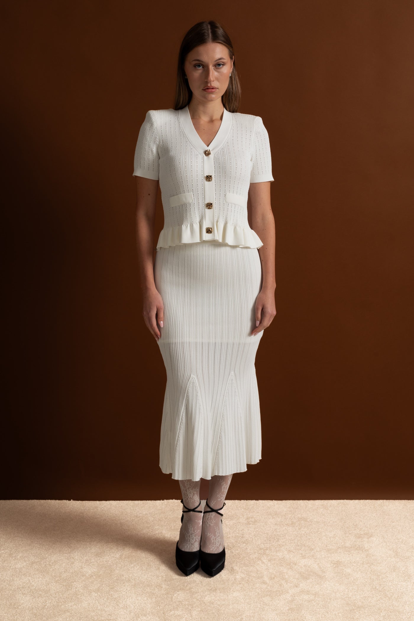 Knit Midi Dress with Peplum Waist and Gold Buttons  – White