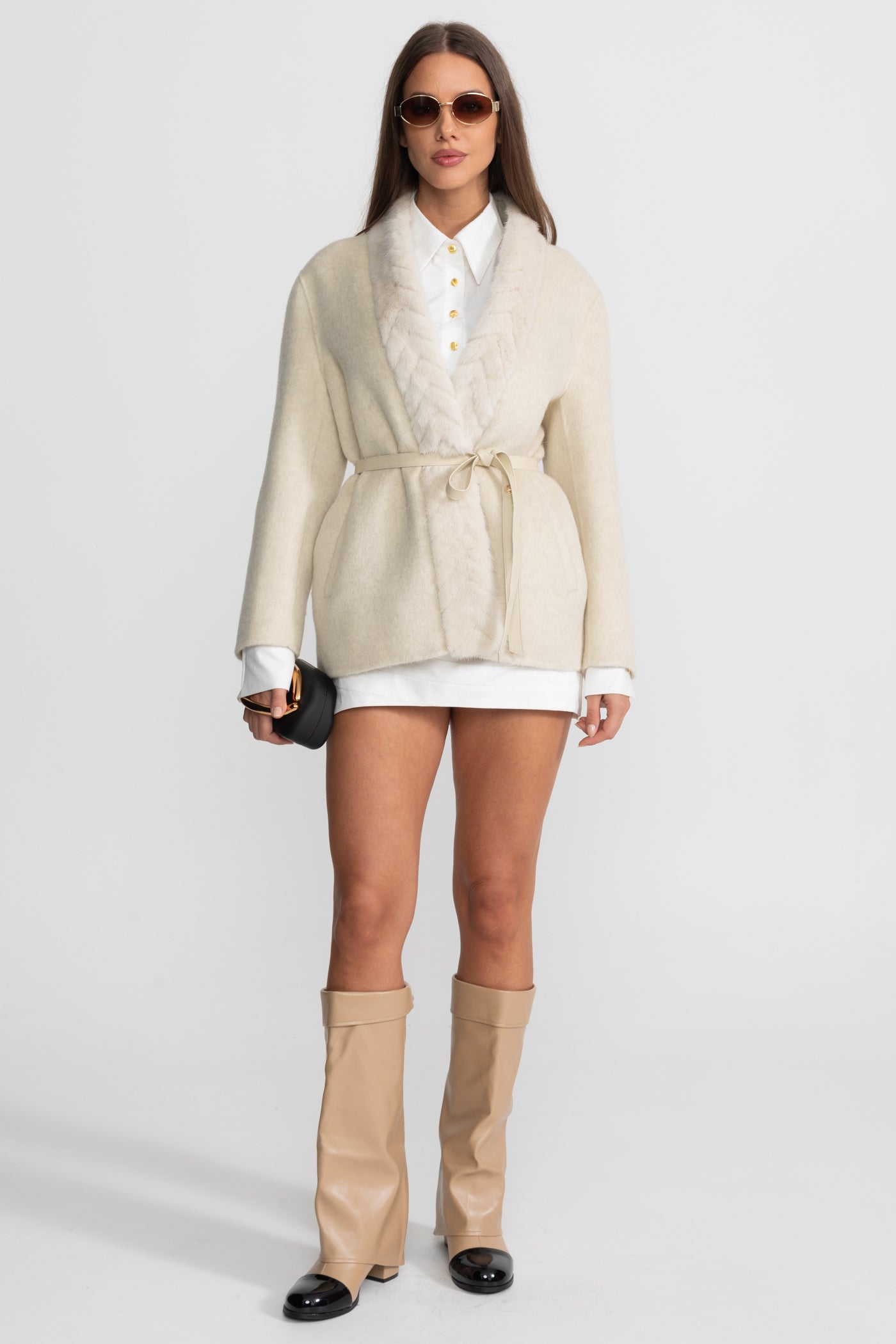 Fur Trim Jacket With Belted Waist – Ivoire