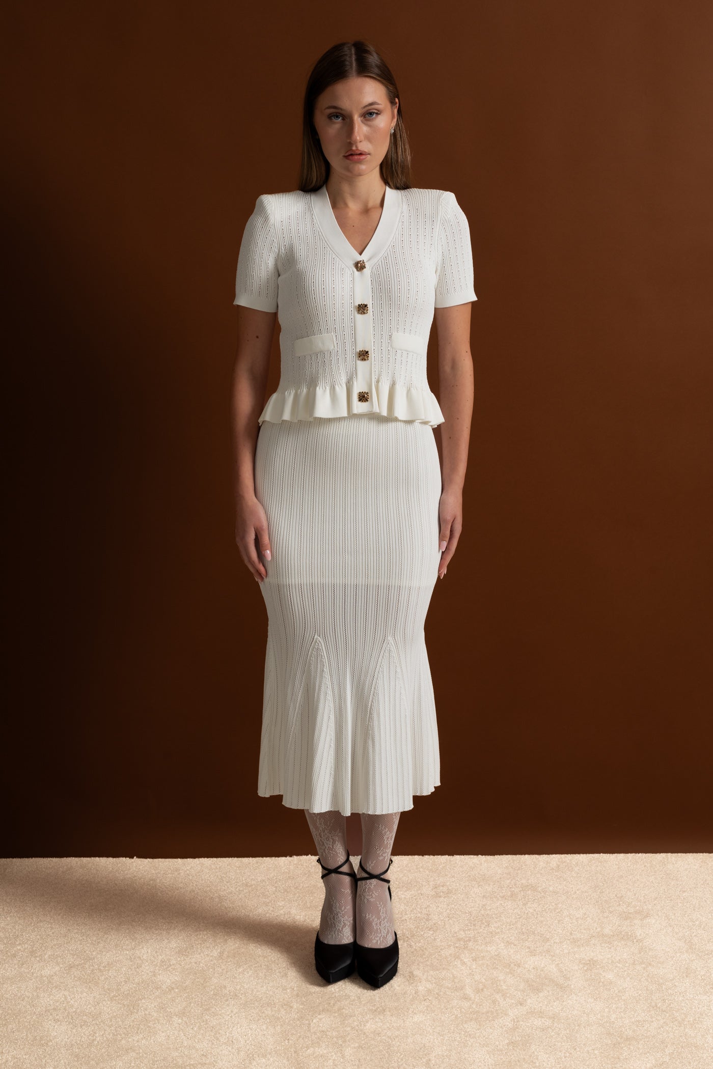 Knit Midi Dress with Peplum Waist and Gold Buttons  – White