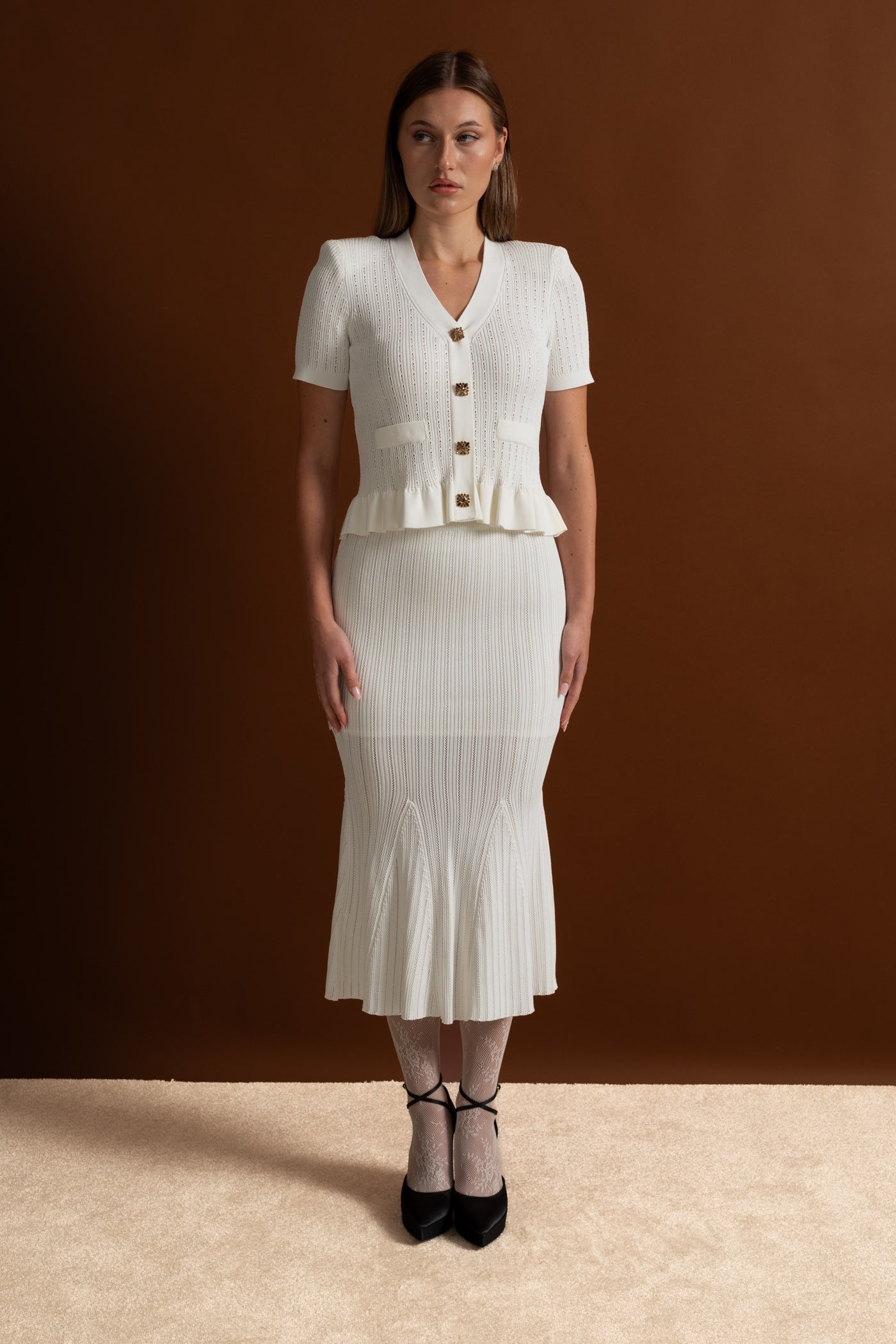 Knit Midi Dress with Peplum Waist and Gold Buttons  – White