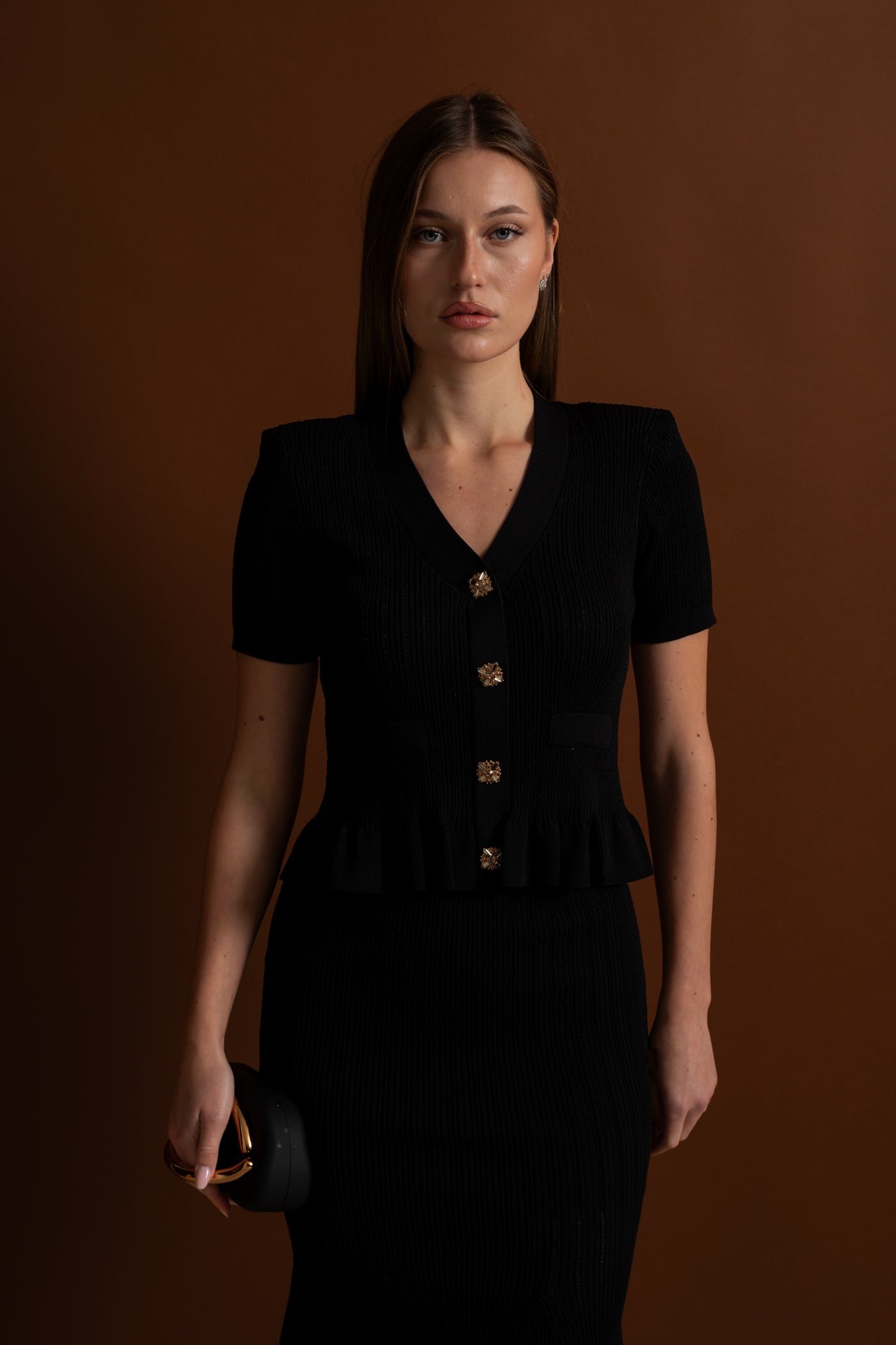 Knit Midi Dress with Peplum Waist and Gold Buttons  – Black