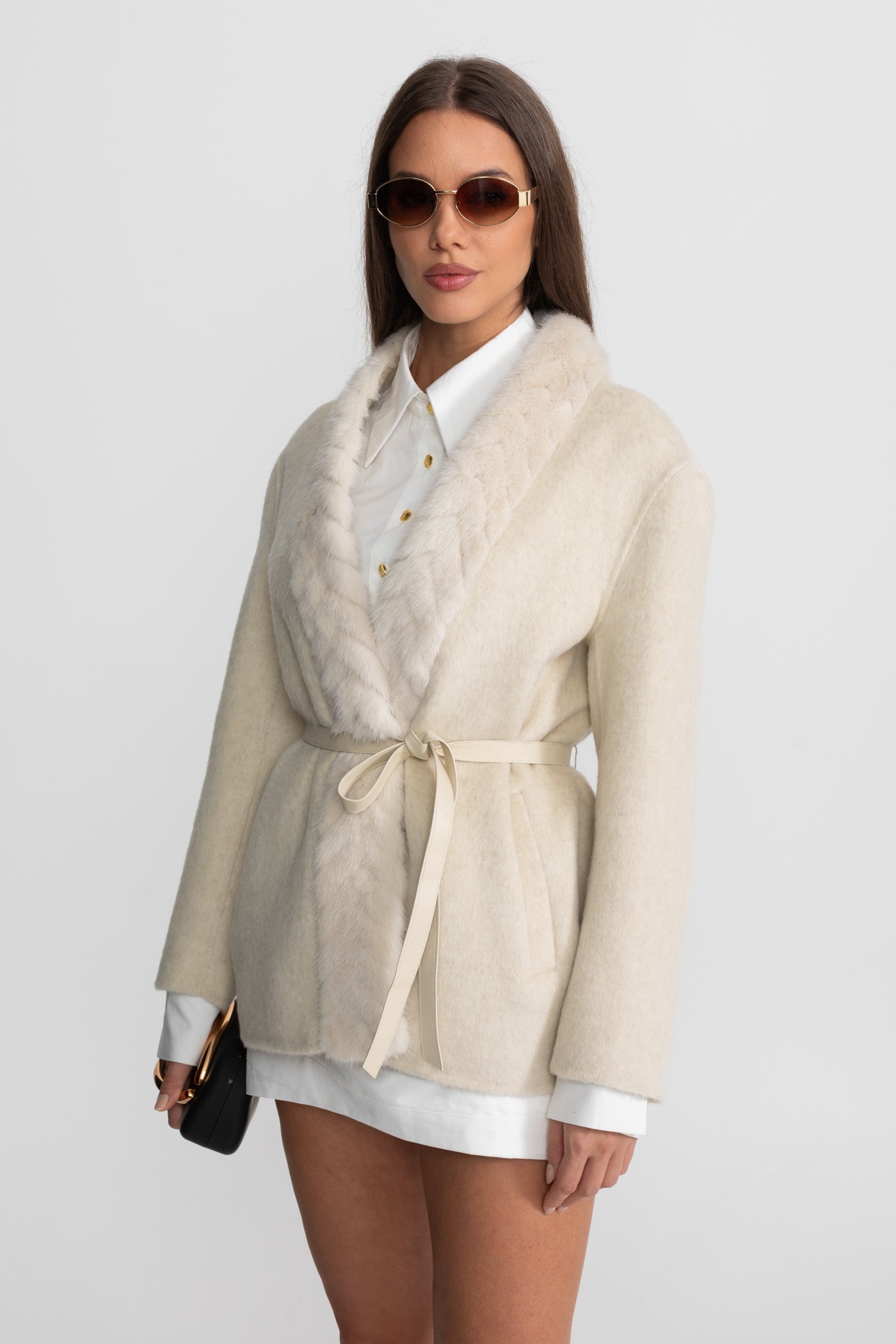 Fur Trim Jacket With Belted Waist – Ivoire