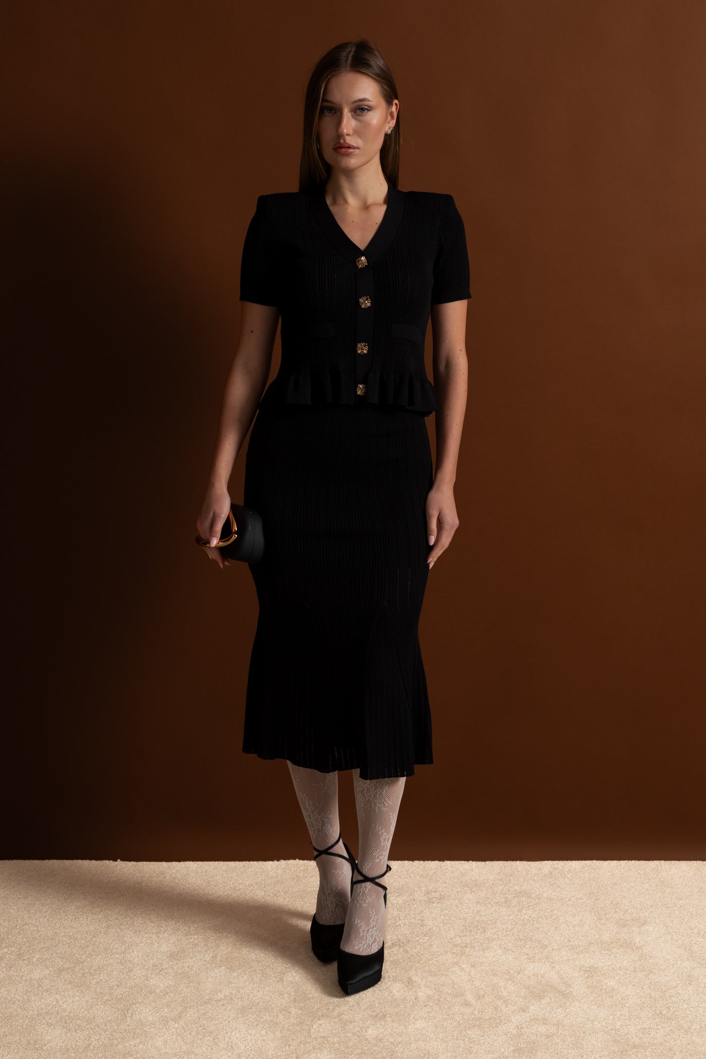 Knit Midi Dress with Peplum Waist and Gold Buttons  – Black