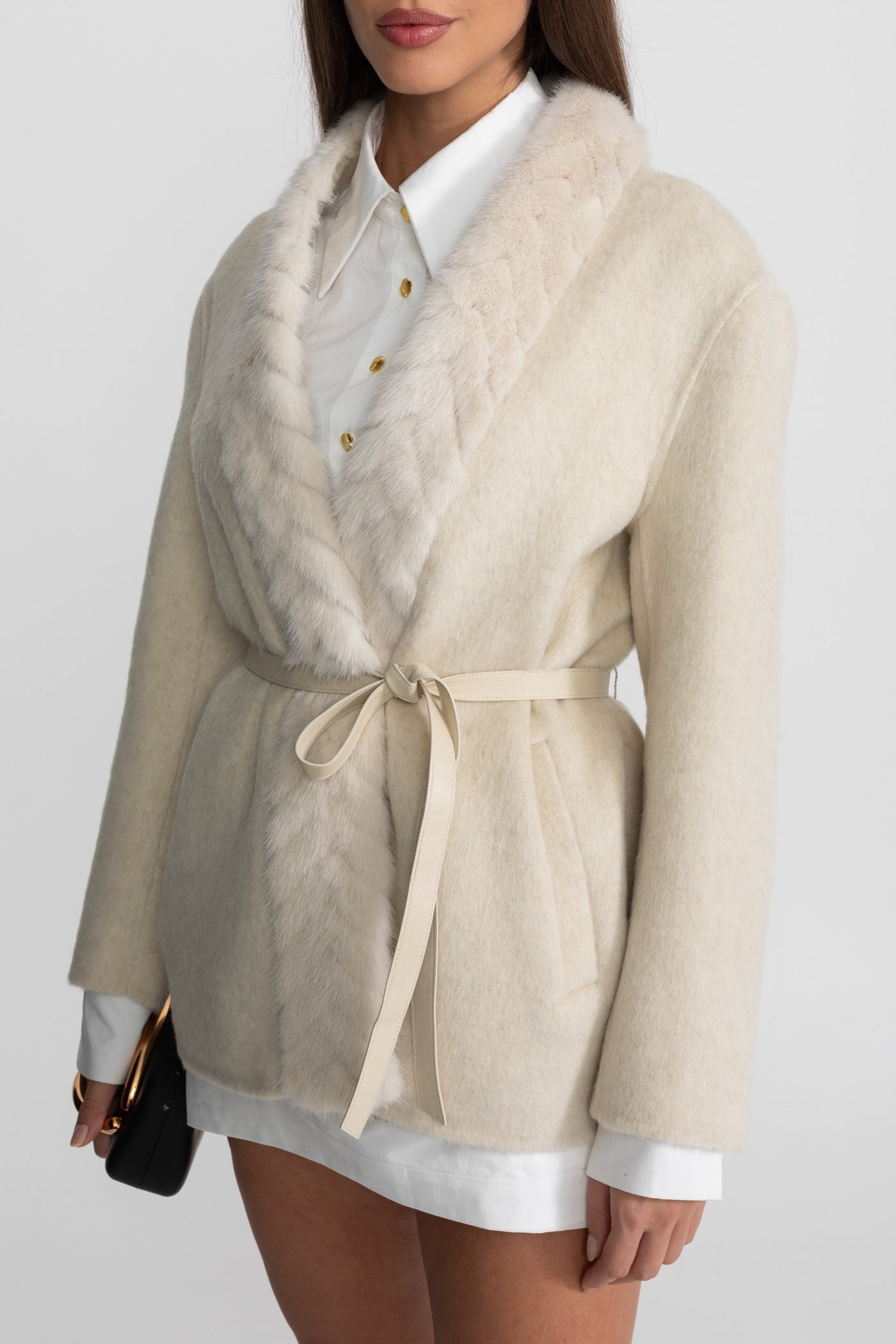 Fur Trim Jacket With Belted Waist – Ivoire