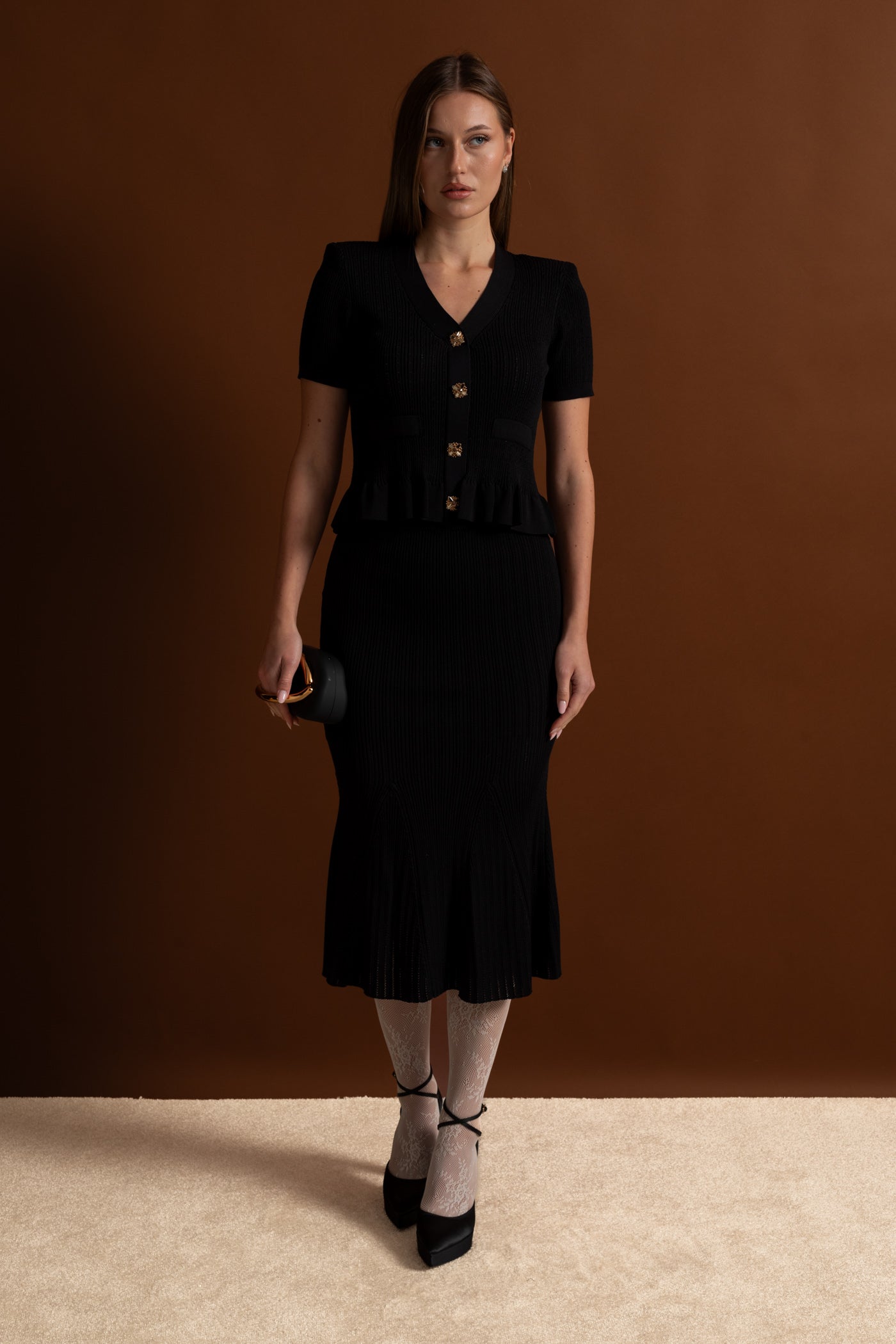 Knit Midi Dress with Peplum Waist and Gold Buttons  – Black