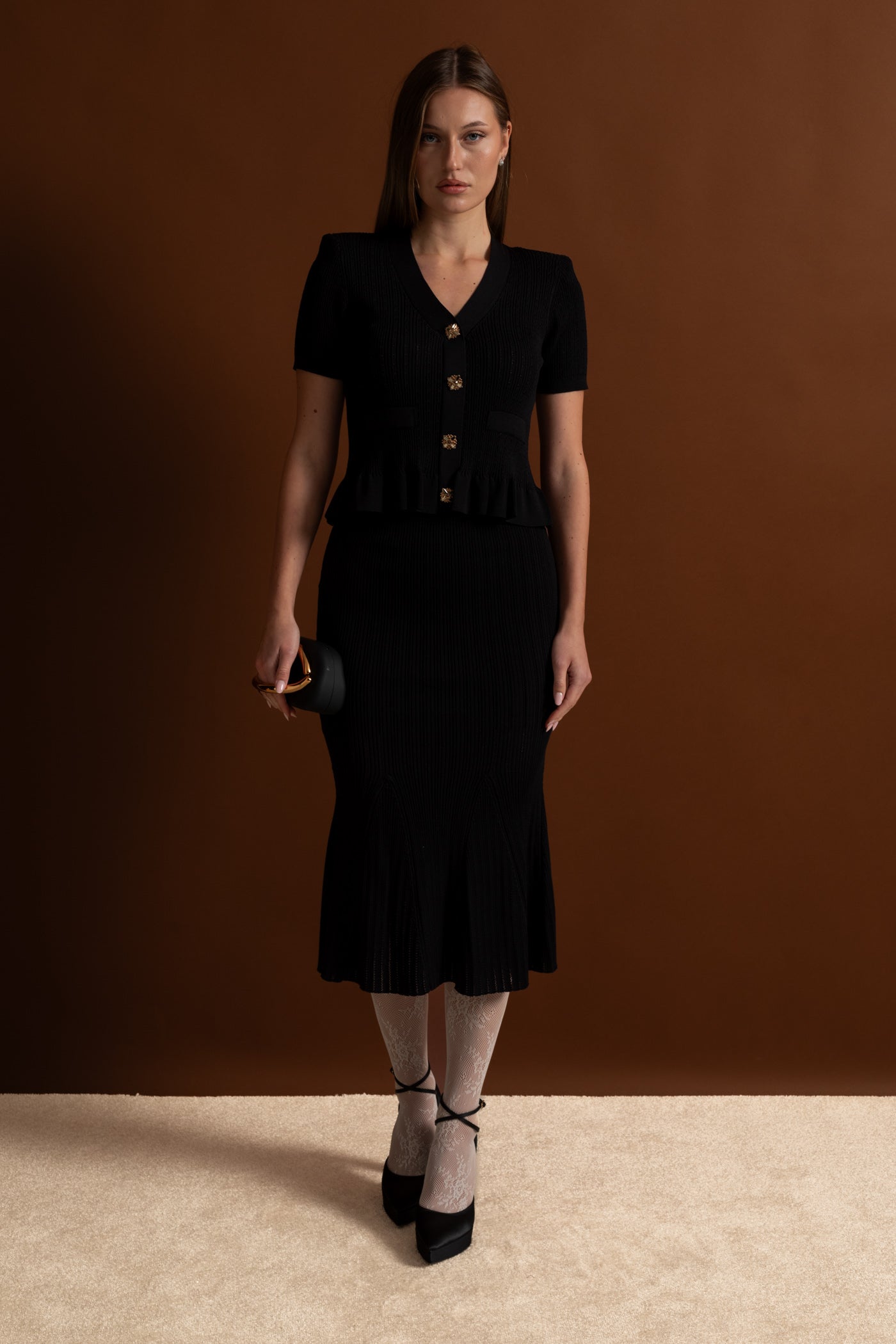 Knit Midi Dress with Peplum Waist and Gold Buttons  – Black