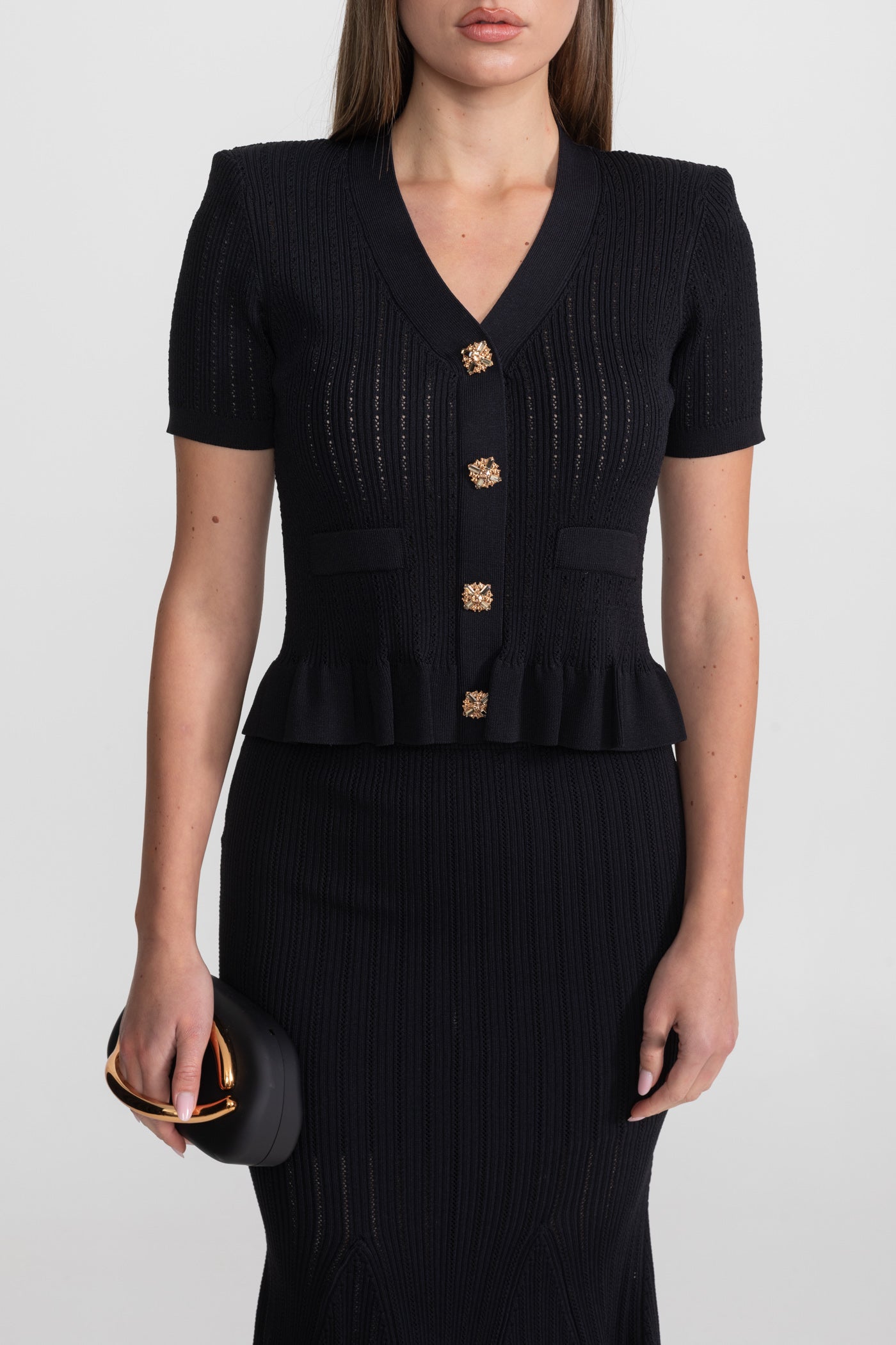 Knit Midi Dress with Peplum Waist and Gold Buttons  – Black