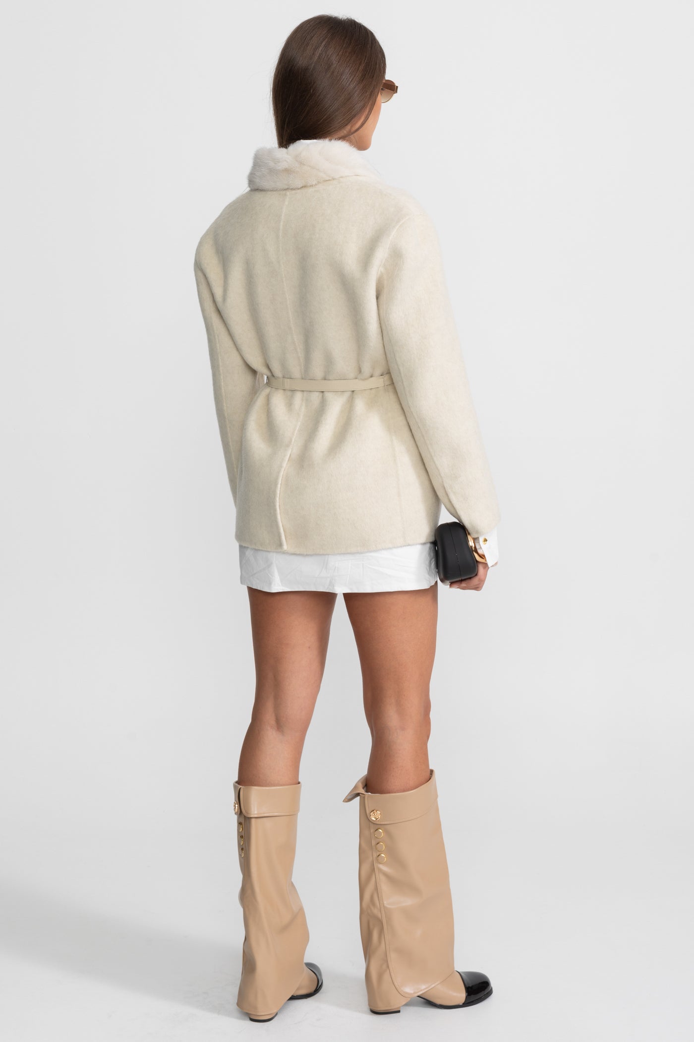 Fur Trim Jacket With Belted Waist – Ivoire
