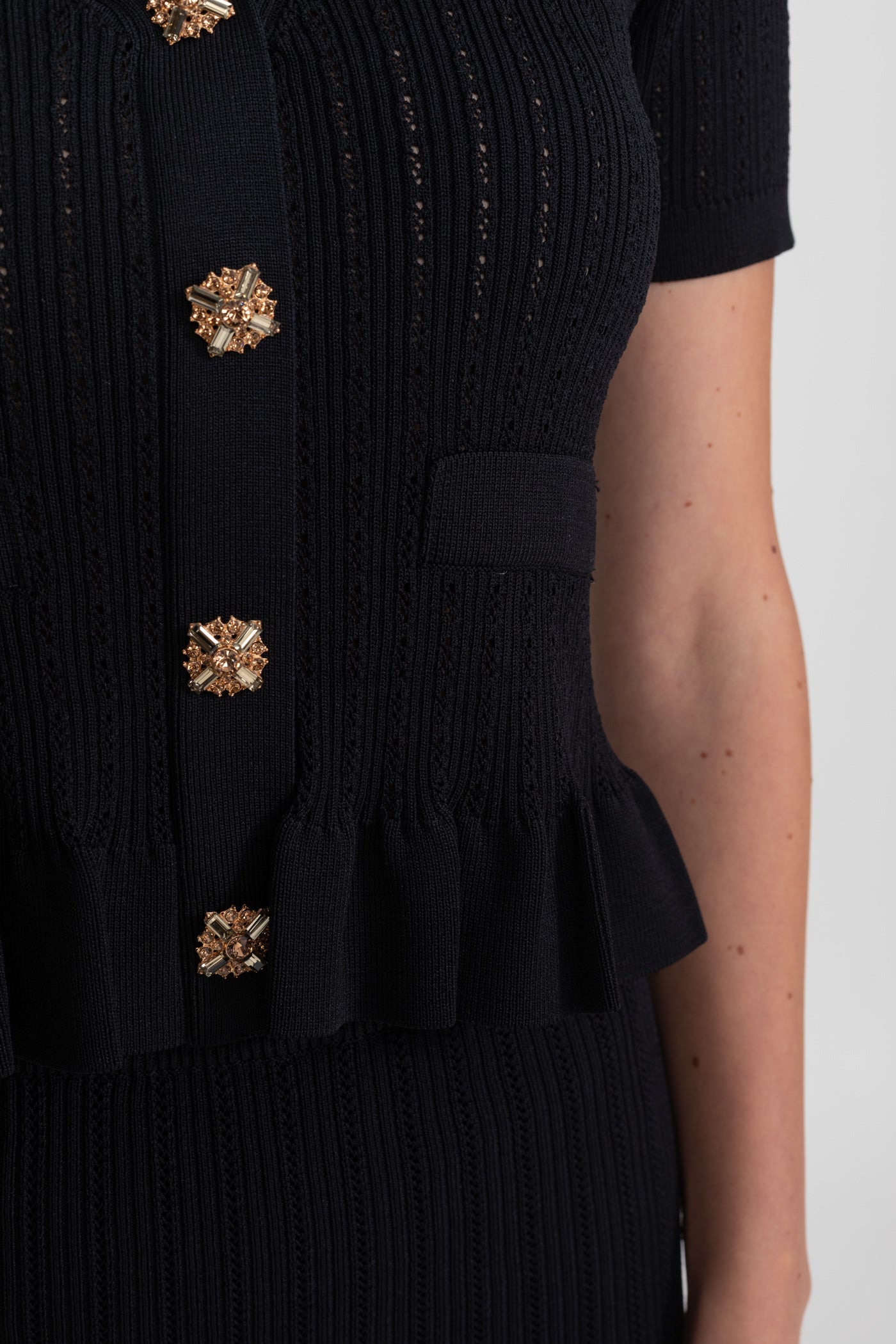 Knit Midi Dress with Peplum Waist and Gold Buttons  – Black