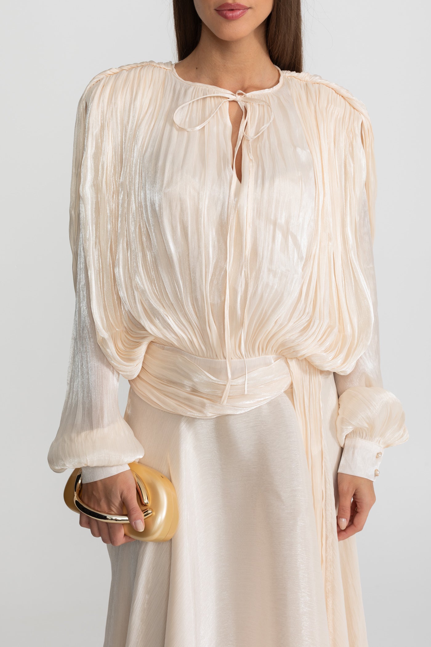 Maxi Dress with Pleated Bodice and Draped Skirt - Ivoire