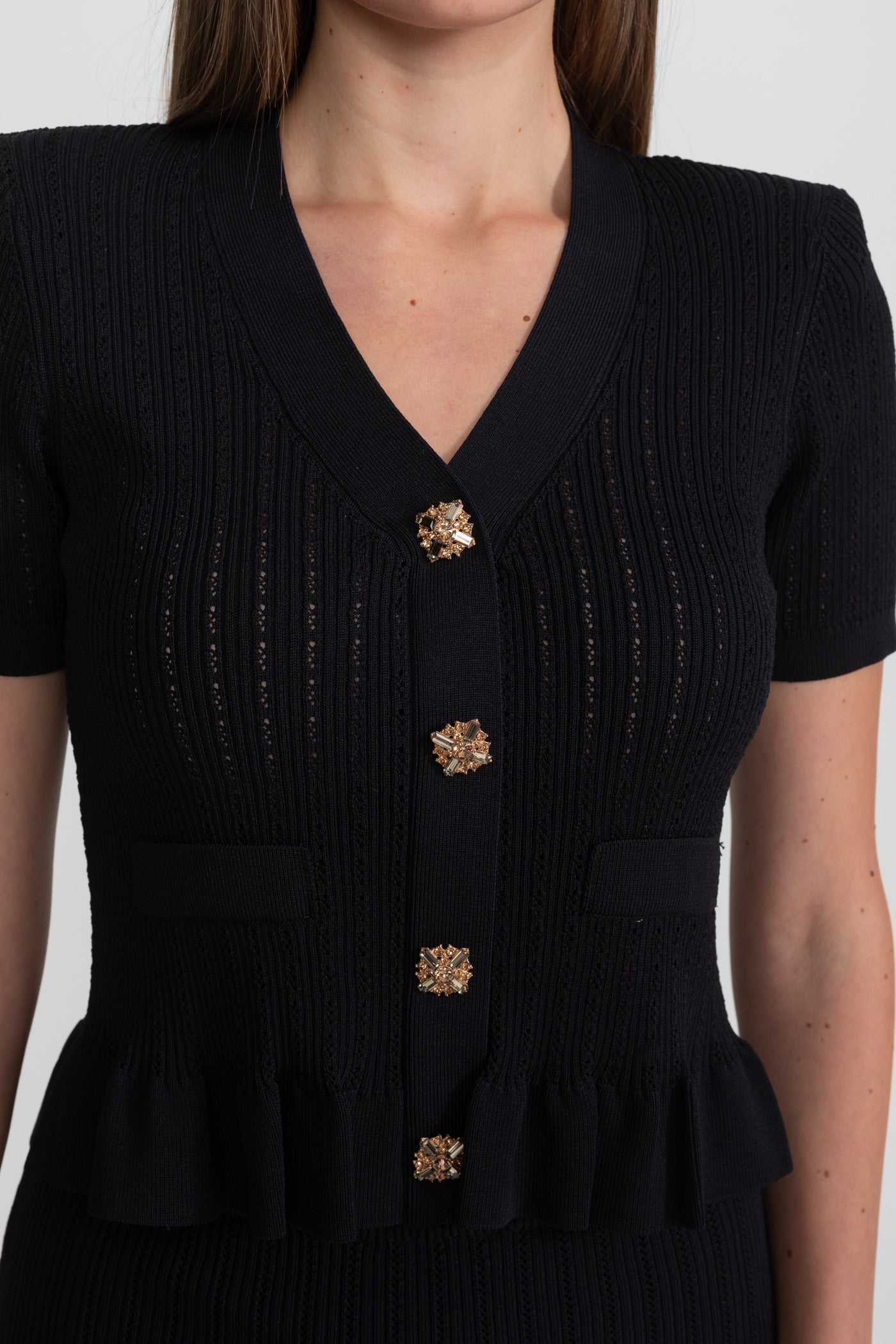 Knit Midi Dress with Peplum Waist and Gold Buttons  – Black