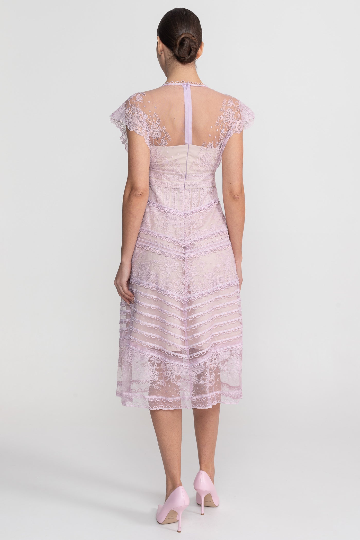 Lace Cap Sleeve Midi Dress With Scalloped Trims And Pearl Button Detail - Lilac