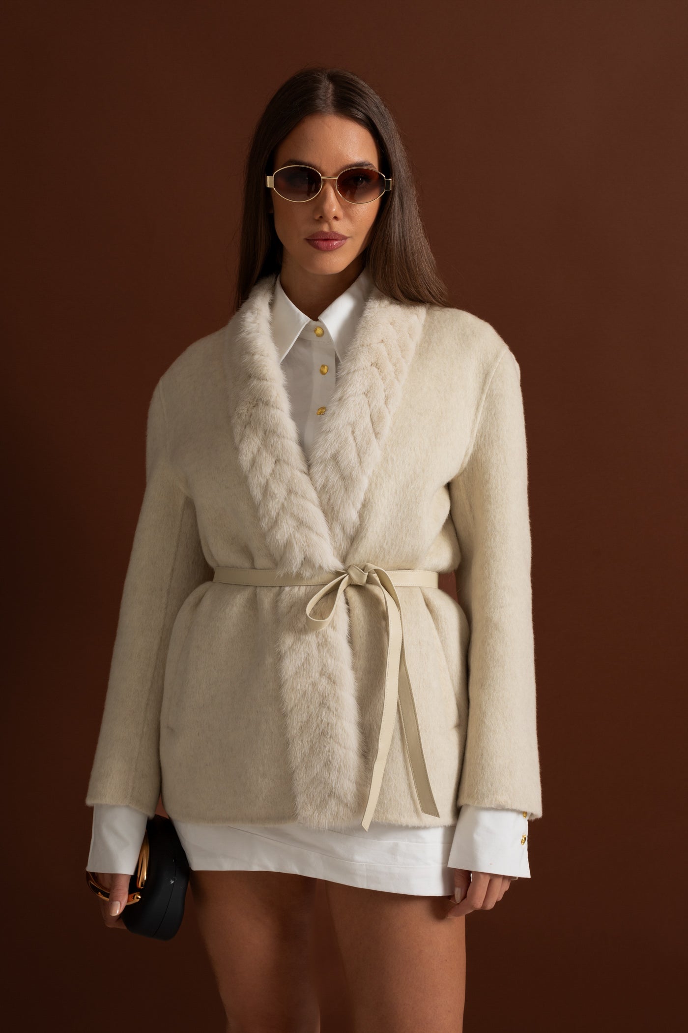 Fur Trim Jacket With Belted Waist – Ivoire