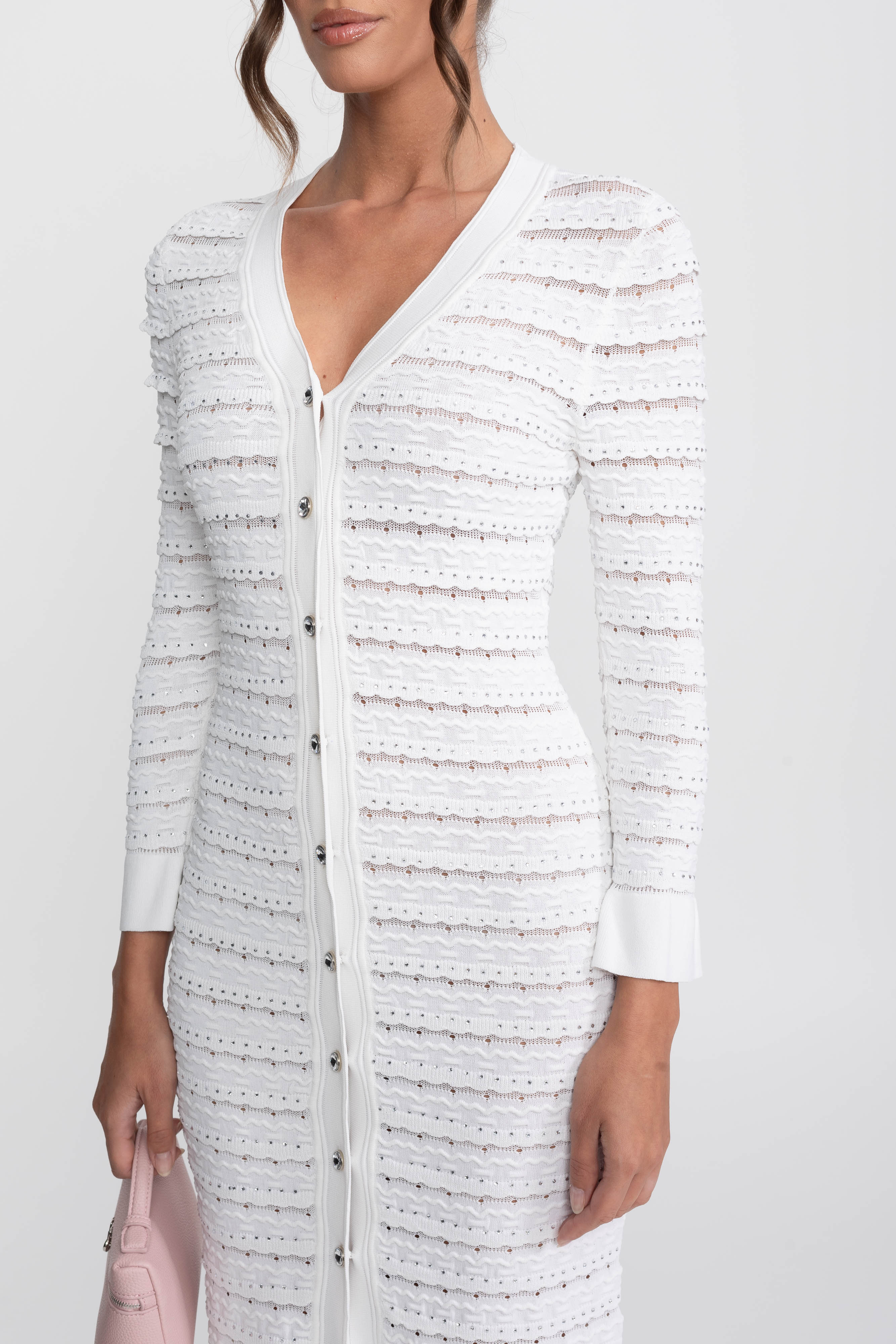 Textured Knit Maxi Cardigan Dress With Crystal Button - White