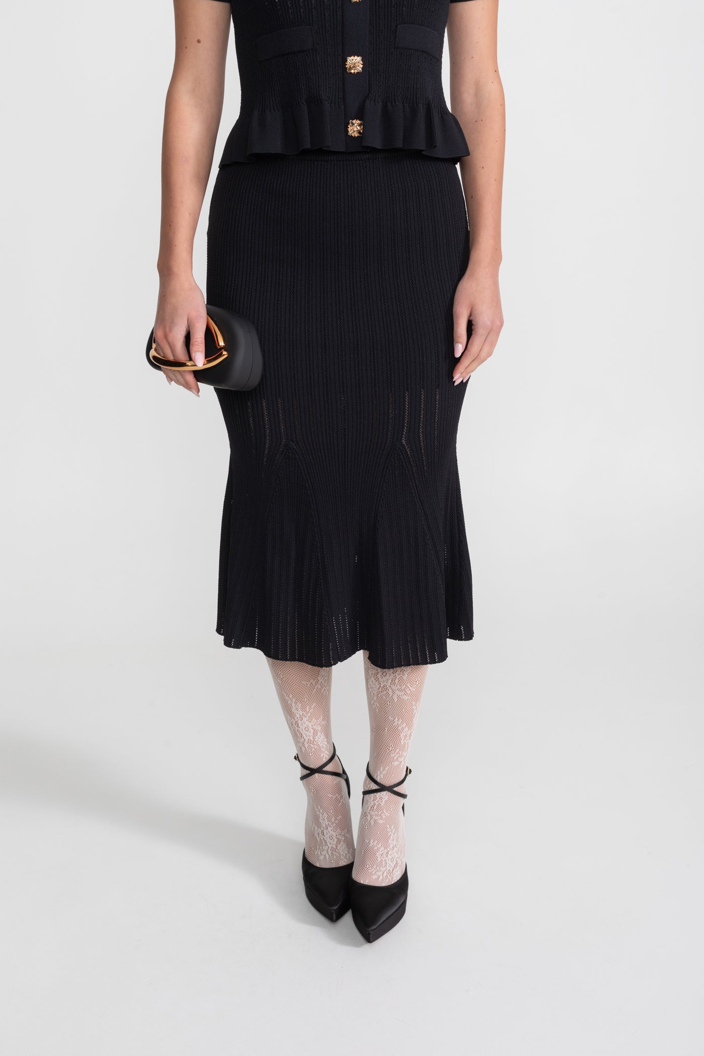 Knit Midi Dress with Peplum Waist and Gold Buttons  – Black