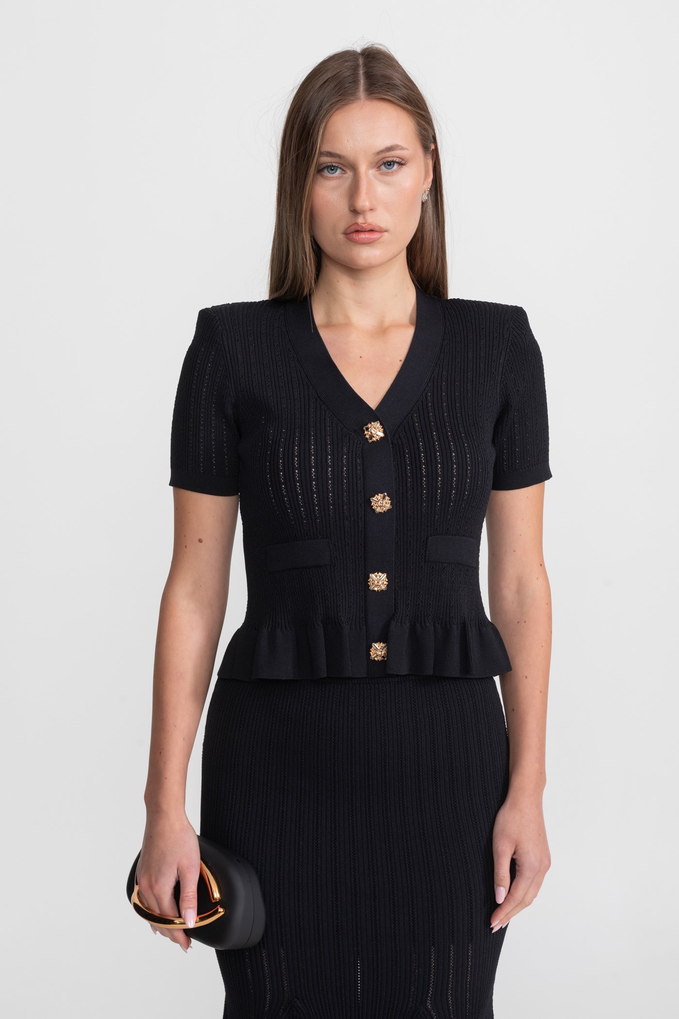 Knit Midi Dress with Peplum Waist and Gold Buttons  – Black