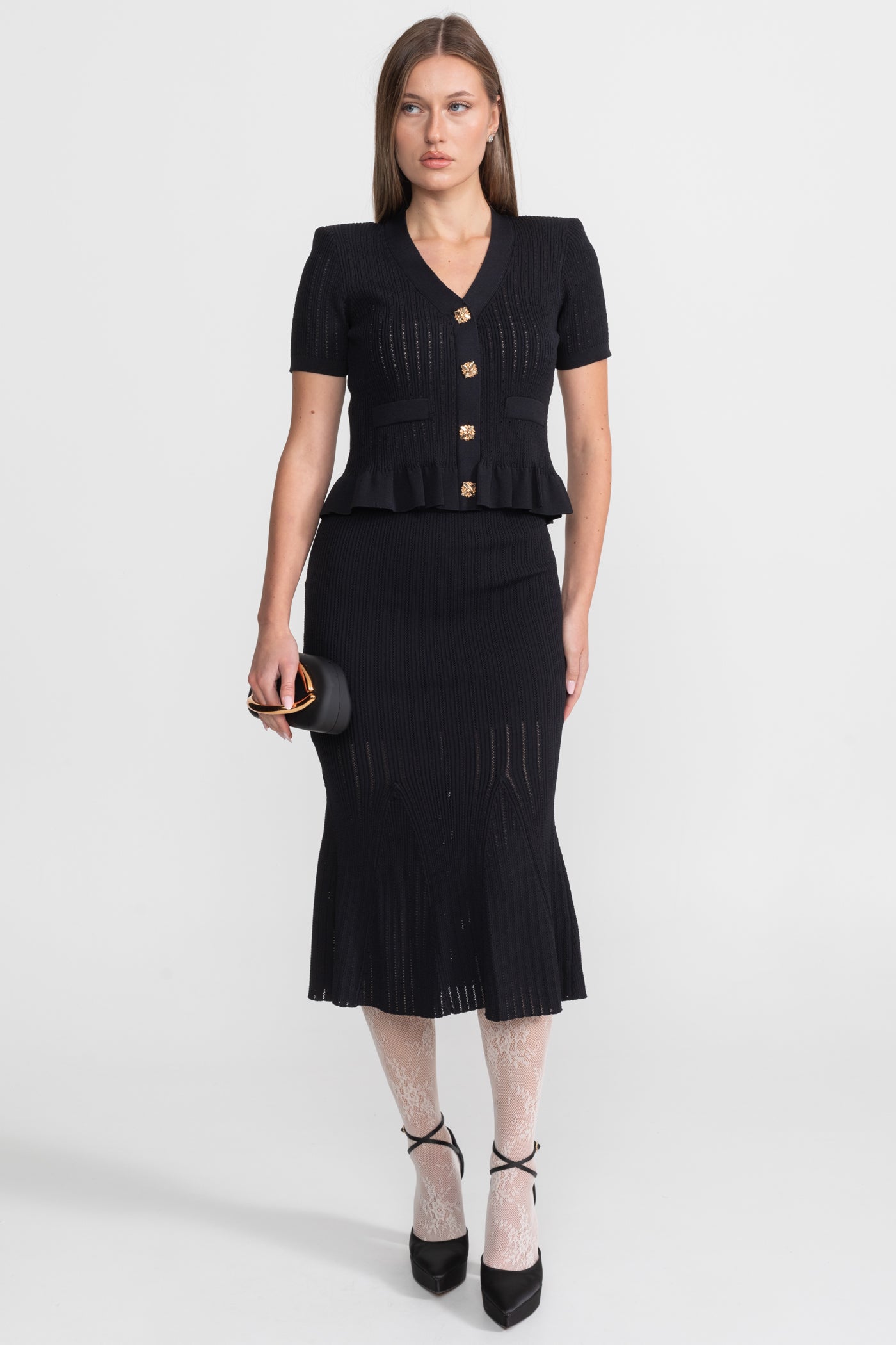 Knit Midi Dress with Peplum Waist and Gold Buttons  – Black
