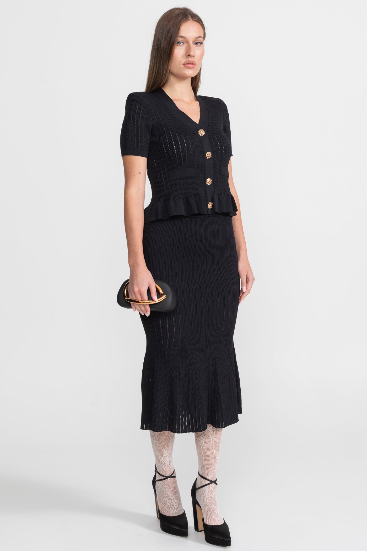 Knit Midi Dress with Peplum Waist and Gold Buttons  – Black
