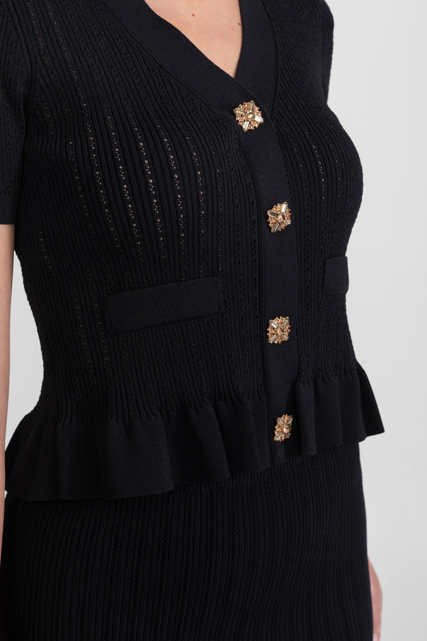 Knit Midi Dress with Peplum Waist and Gold Buttons  – Black