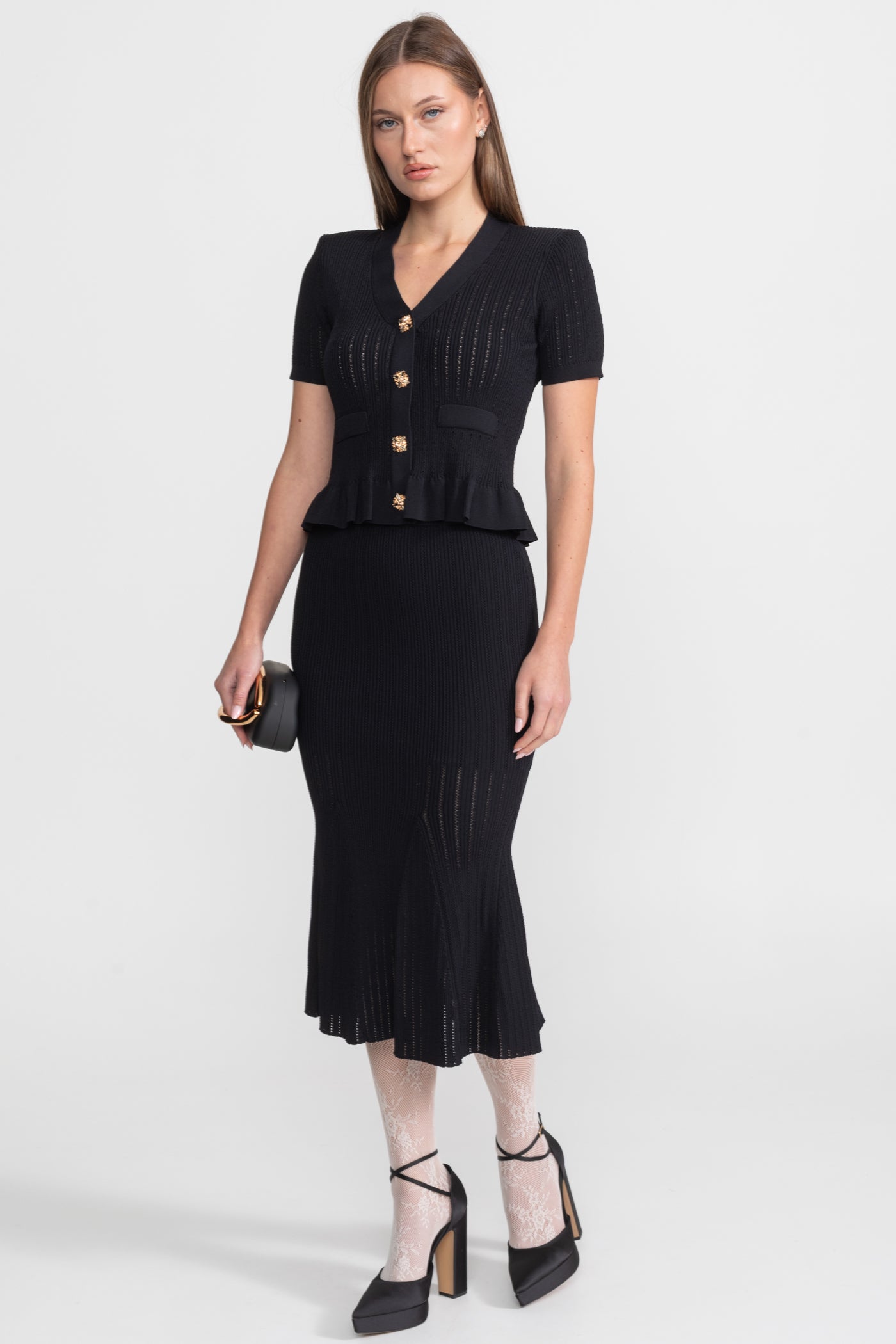 Knit Midi Dress with Peplum Waist and Gold Buttons  – Black