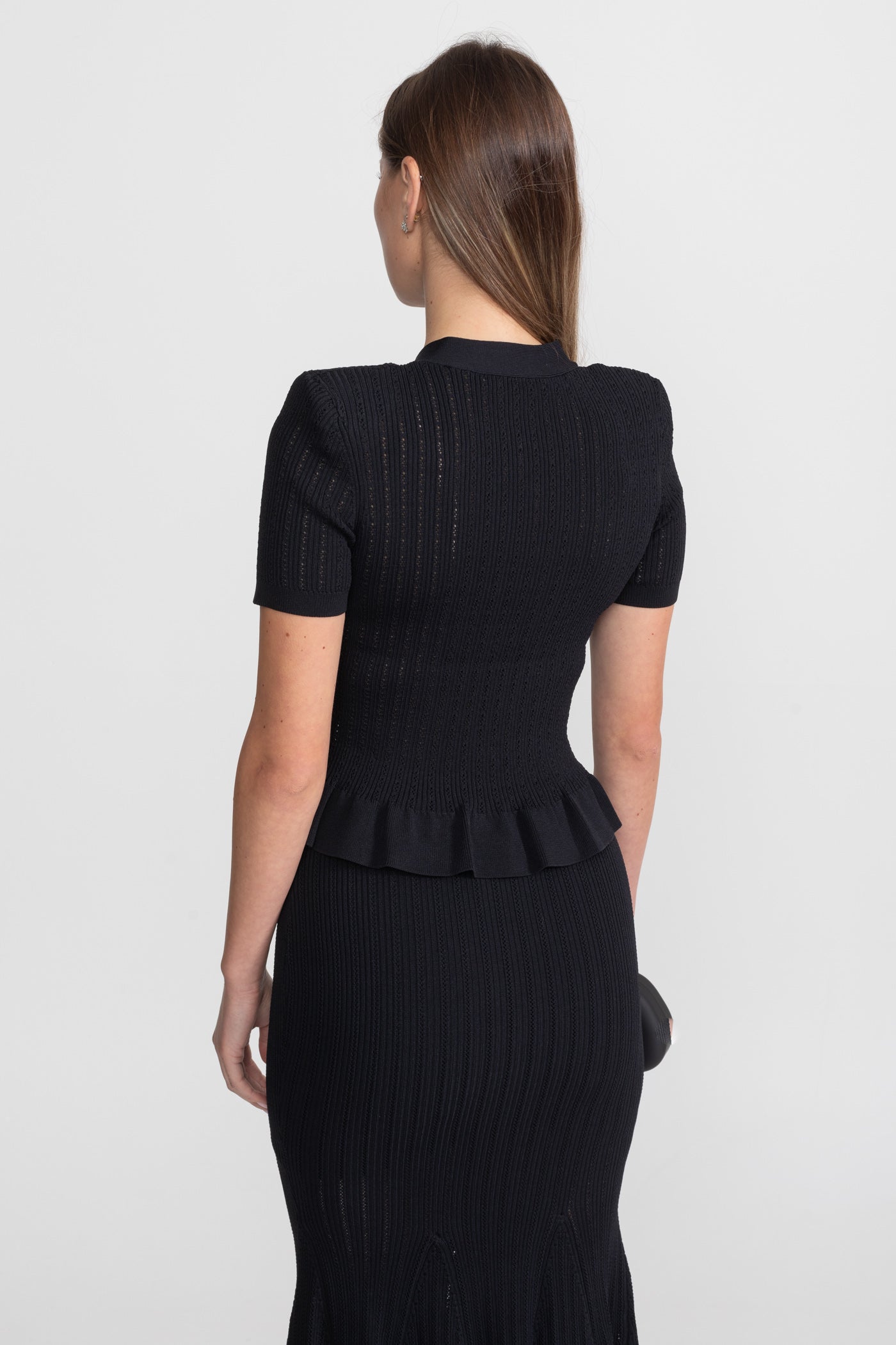 Knit Midi Dress with Peplum Waist and Gold Buttons  – Black