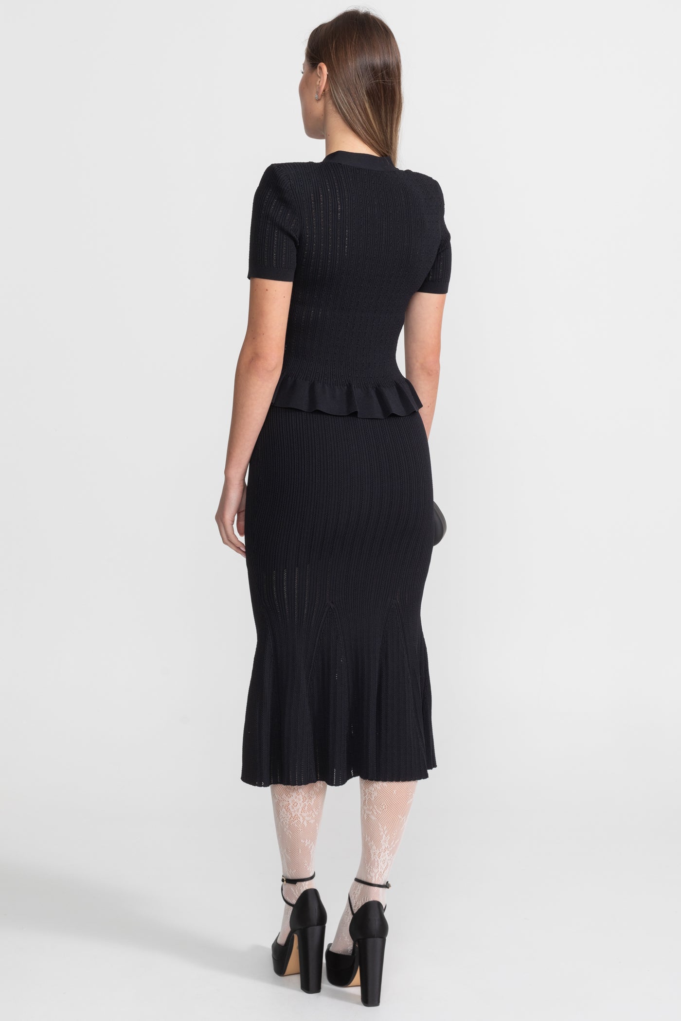 Knit Midi Dress with Peplum Waist and Gold Buttons  – Black