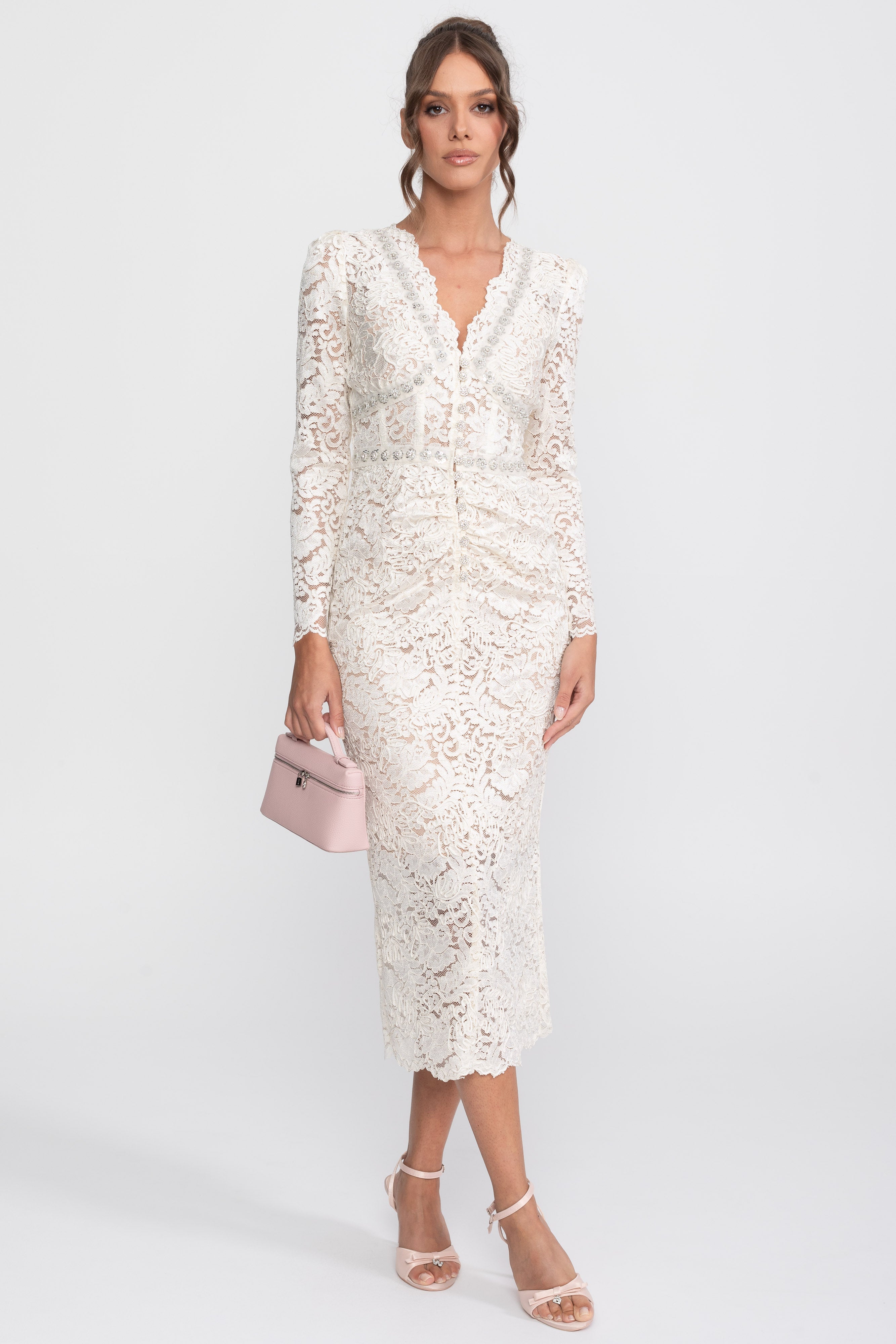 Lace Midi Dress With Crystal V-Neckline And Ruched Front Detail - Ivoire