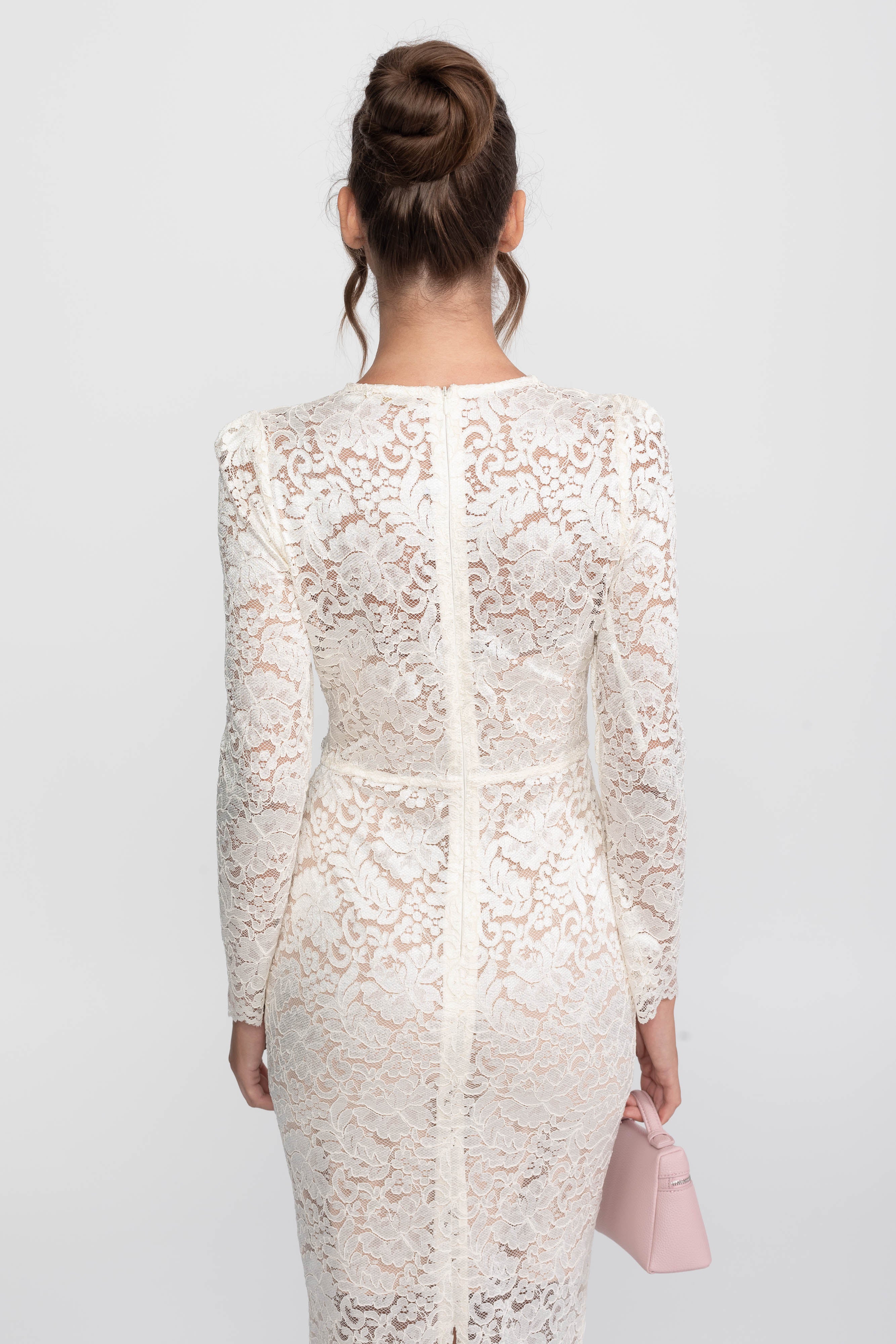 Lace Midi Dress With Crystal V-Neckline And Ruched Front Detail - Ivoire