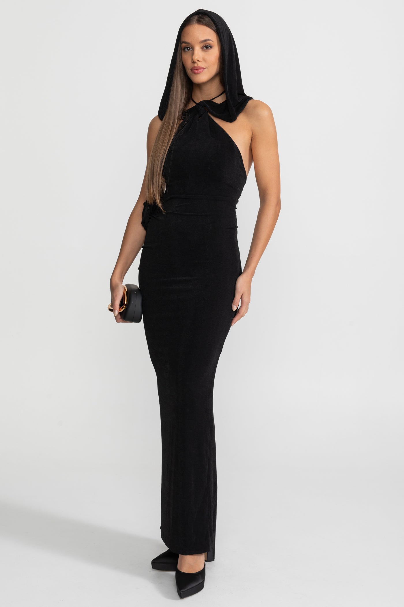 Velvet Maxi Dress with Draped Hood and Side Rosette - Black