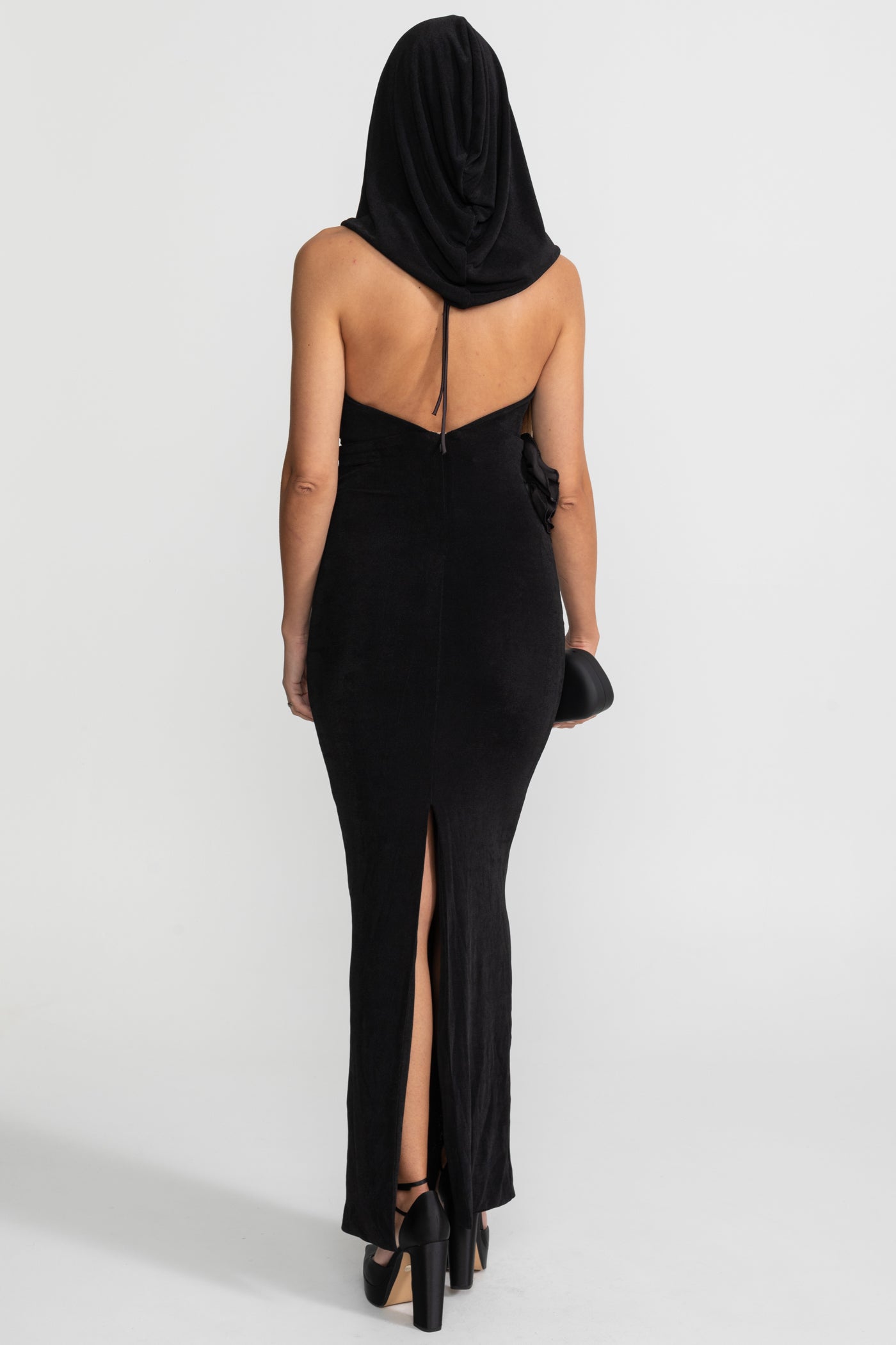 Velvet Maxi Dress with Draped Hood and Side Rosette - Black