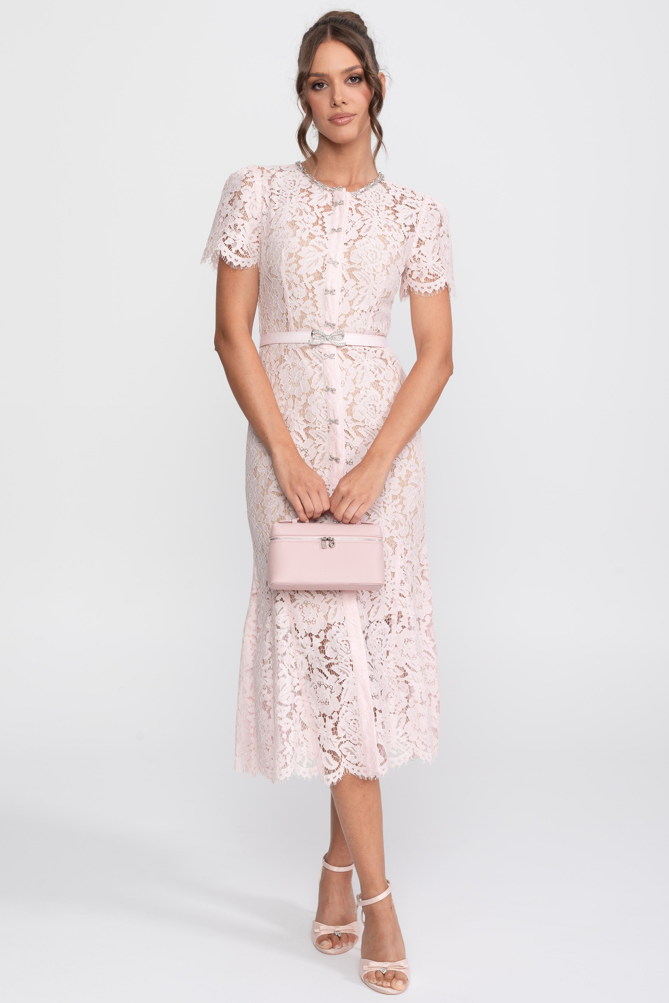 Elegant Floral Lace Fitted Dress with Button Detail and Scalloped Hem - Blush Pink