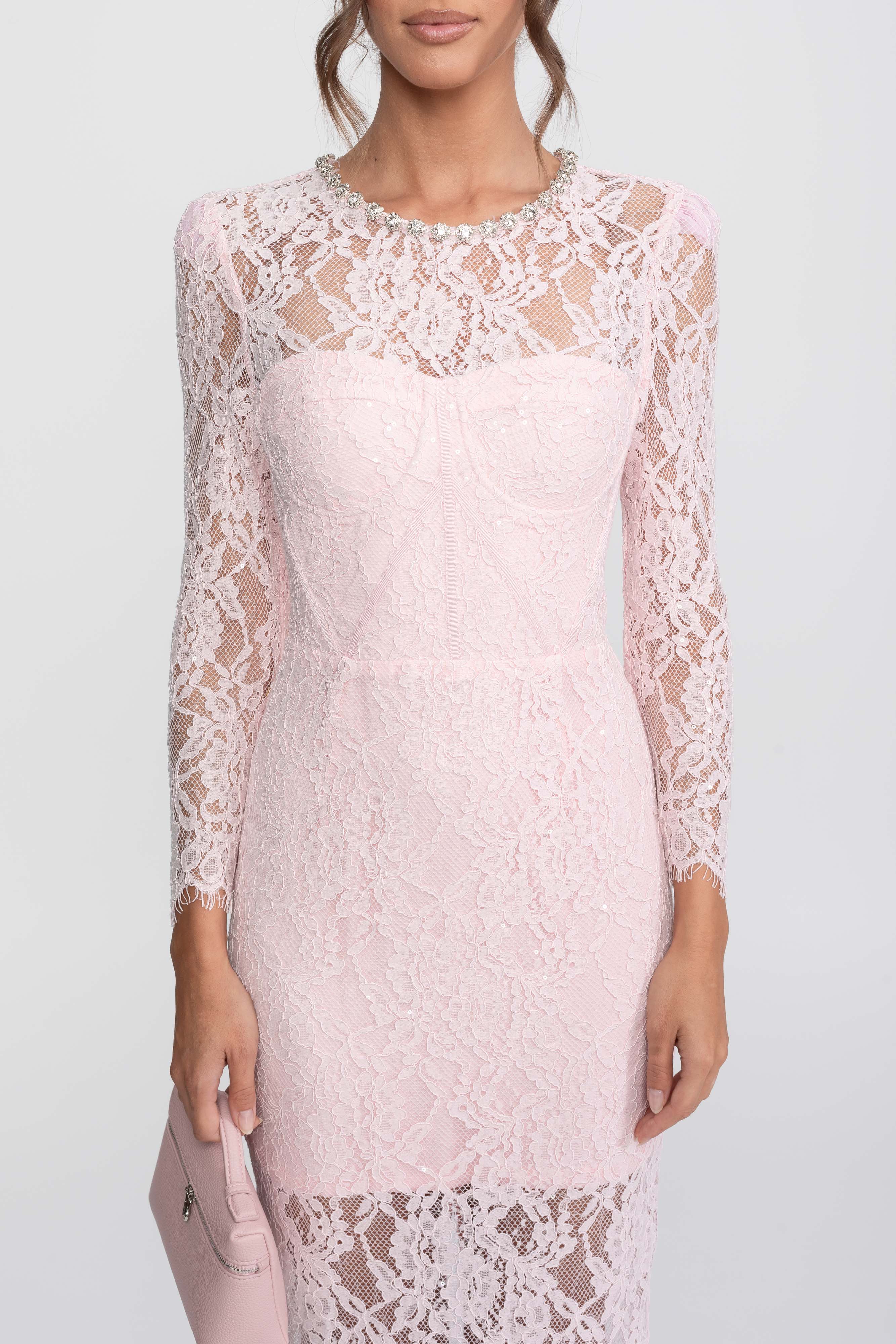 Lace Trim Midi Dress With Crystal Neckline - Pink