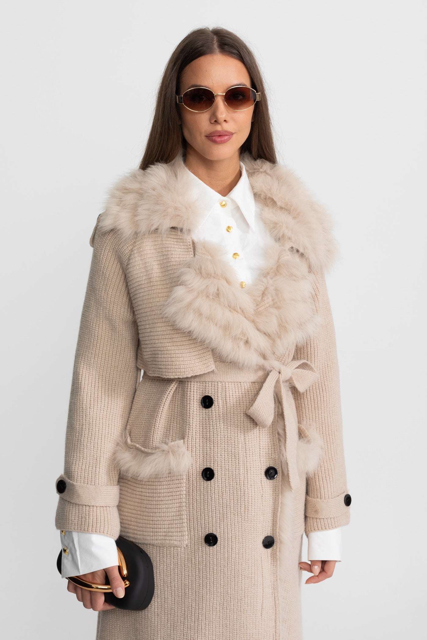 Double-Breasted Knit Overcoat With Fur Trim – Beige