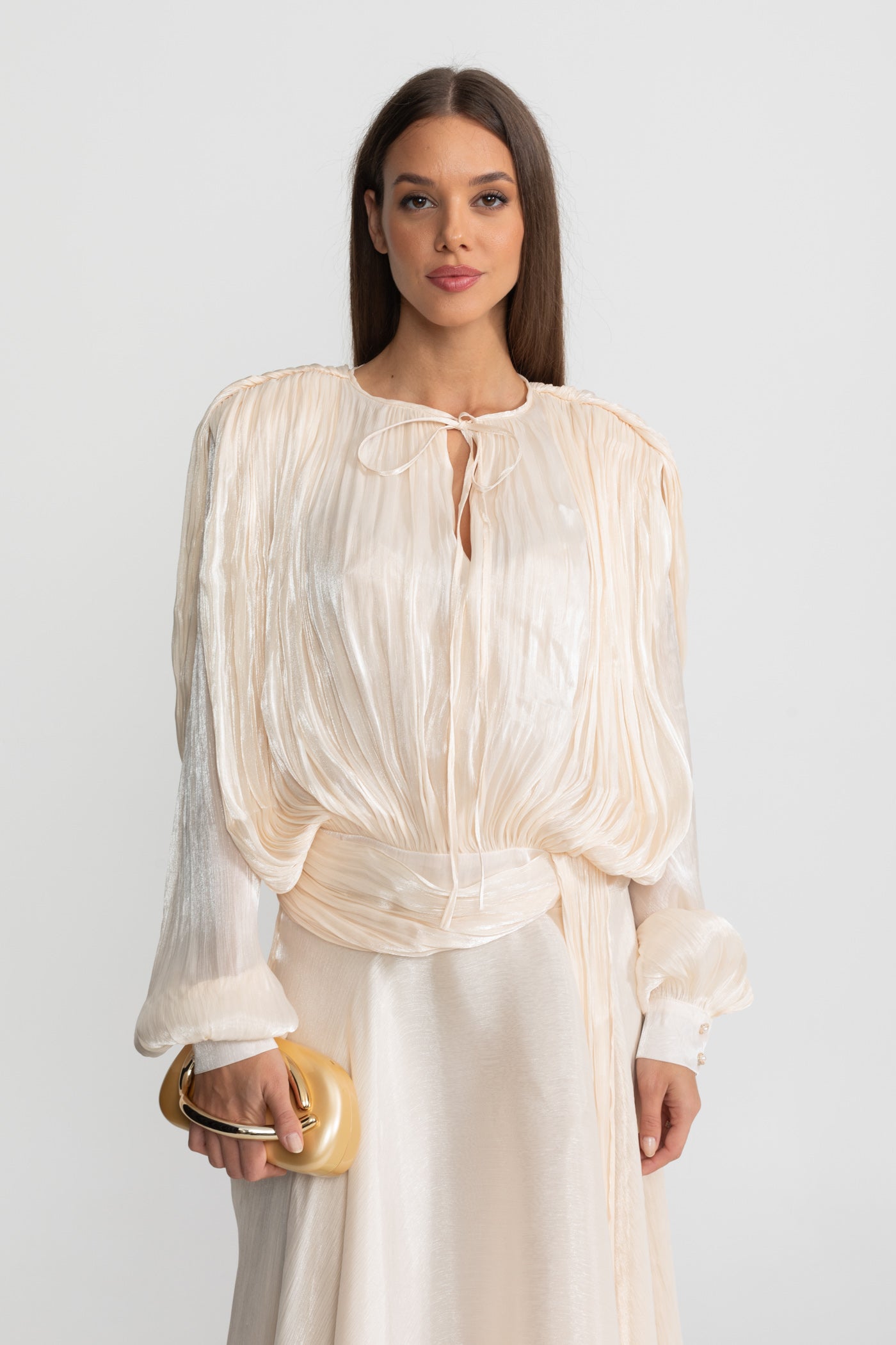 Maxi Dress with Pleated Bodice and Draped Skirt - Ivoire